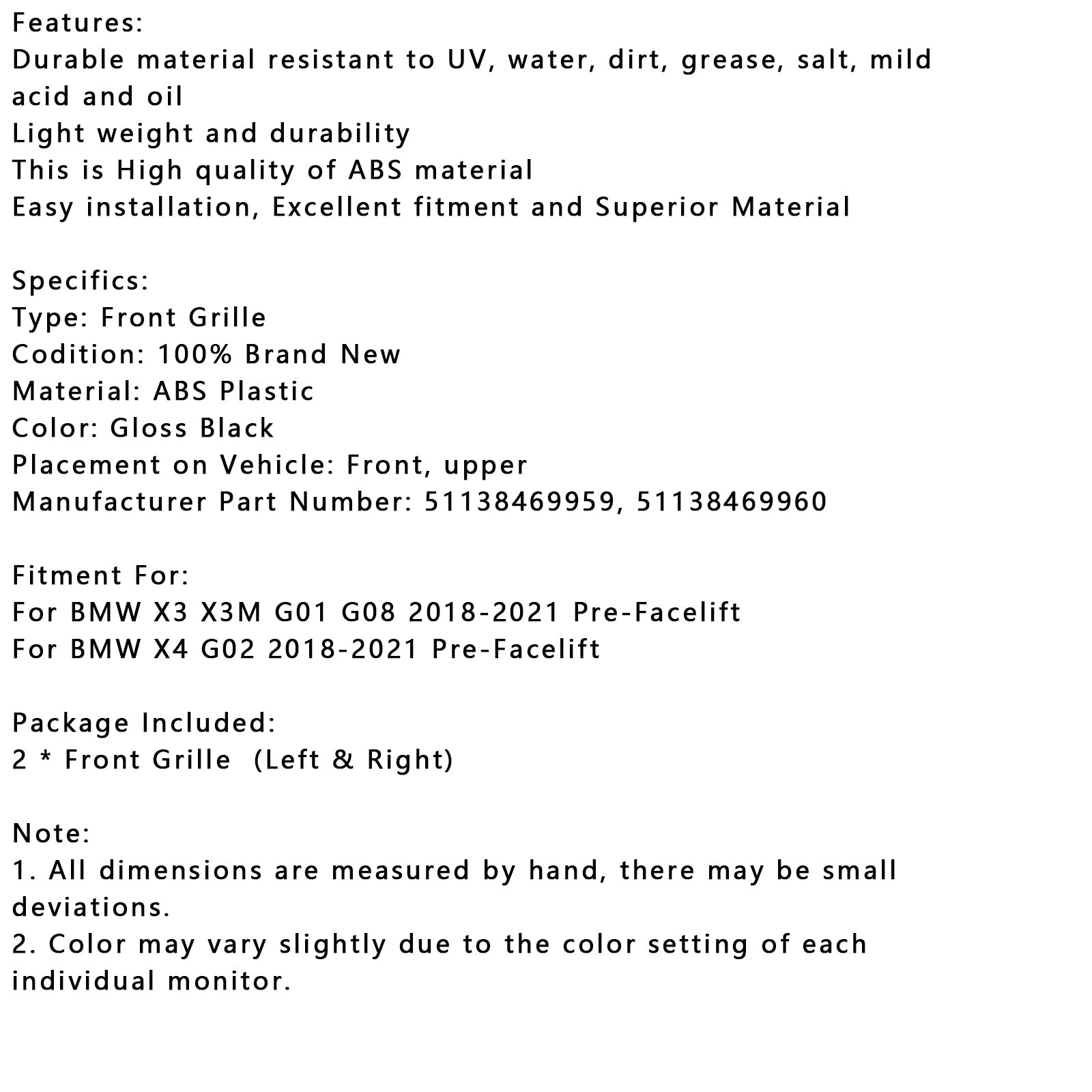 Grille de calandre avant noire brillante pour BMW X4 G02 X3 G01 G08 2018-2021 51138469959