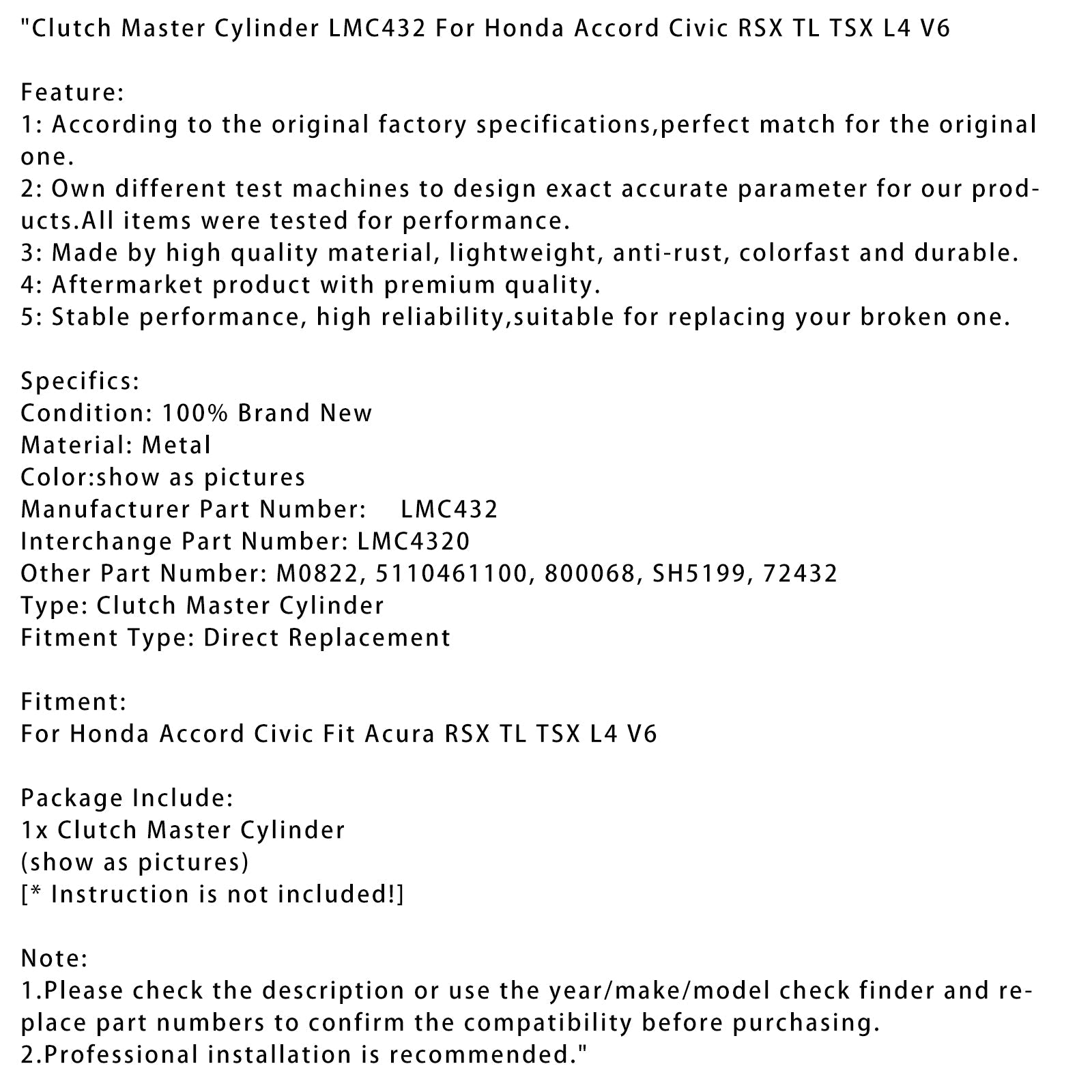 Cilindro maestro de embrague Honda Accord Civic RSX TL TSX L4 V6 LMC432 LMC4320