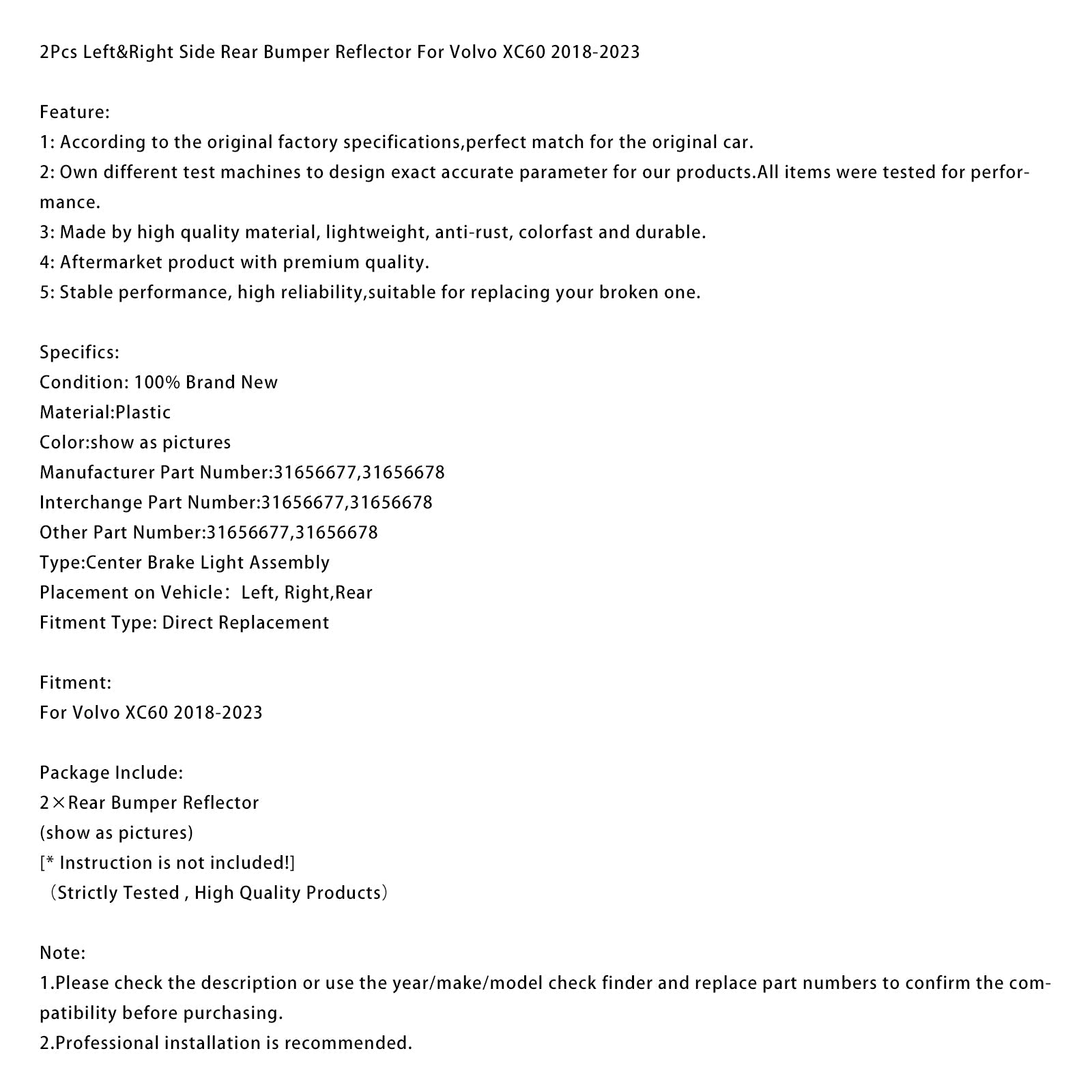 Levi in desni odsevniki zadnjega odbijača (2 kosa) za Volvo XC60 (2018-2023)