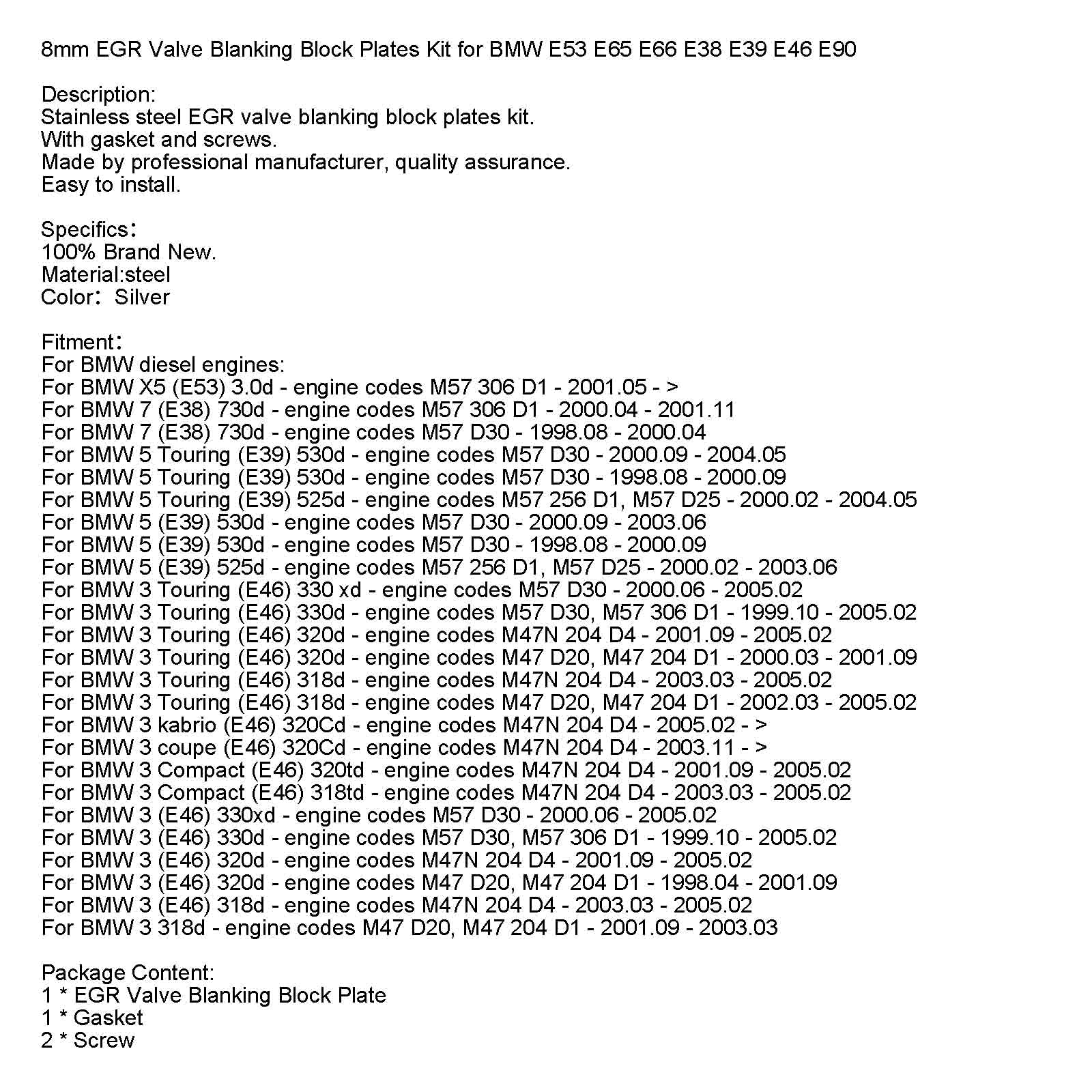 8mm EGR Valve Blanking Block Plates Kit for BMW E53 E65 E66 E38 E39 E46 E90