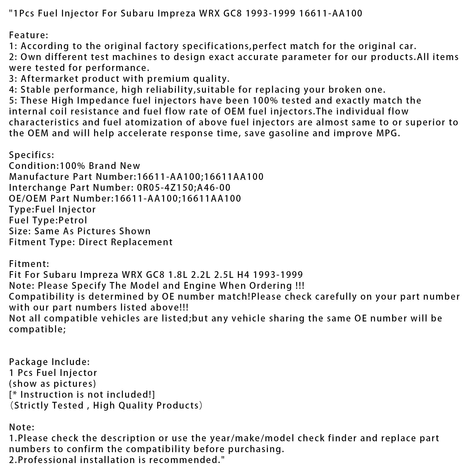 Iniettore di carburante, 1 pezzo, per Subaru Impreza WRX GC8 (1993-1999), codice articolo 16611-AA100