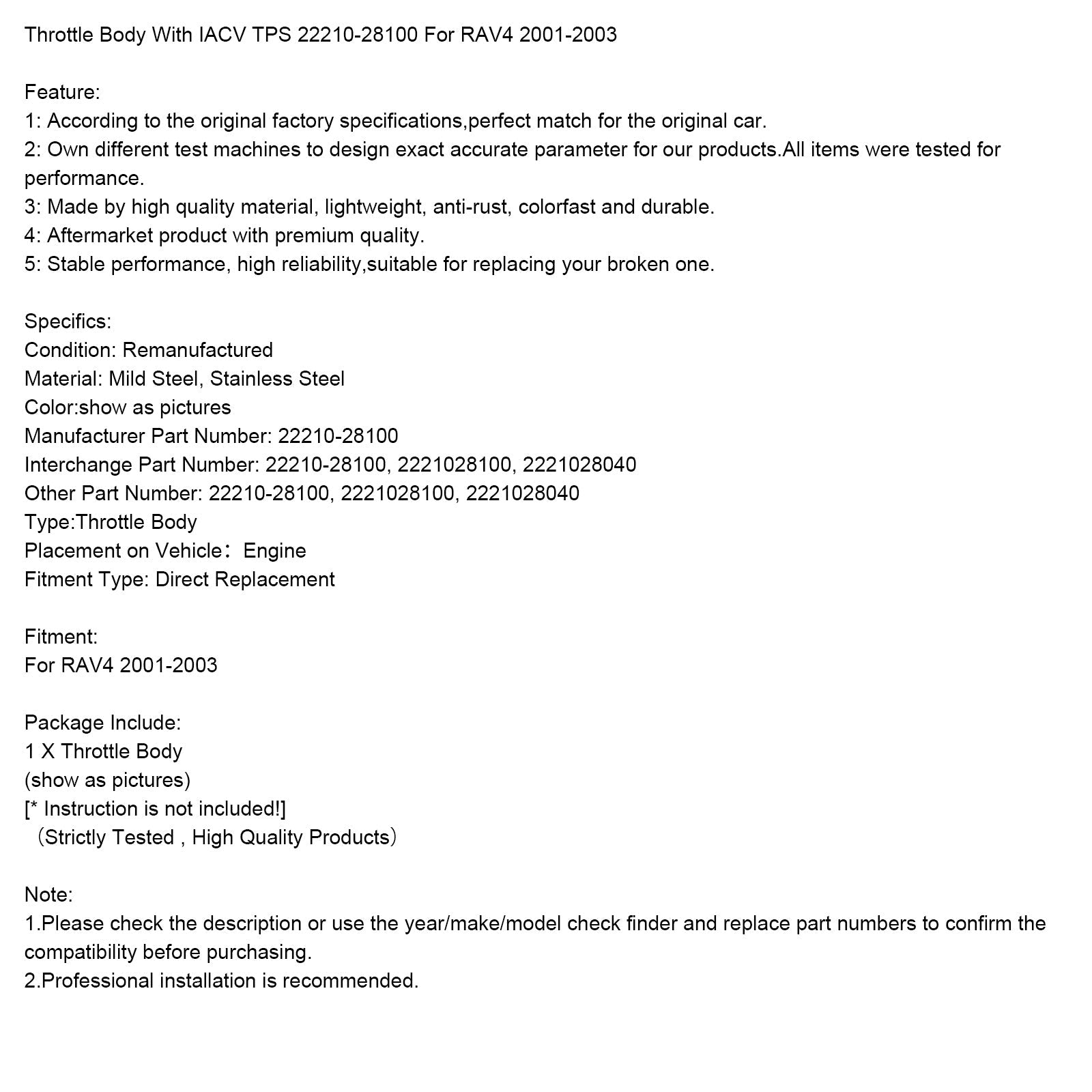 RAV4 Butterfly Body 2001-2003 IACV TPS 22210-28100 2221028100 222102804040