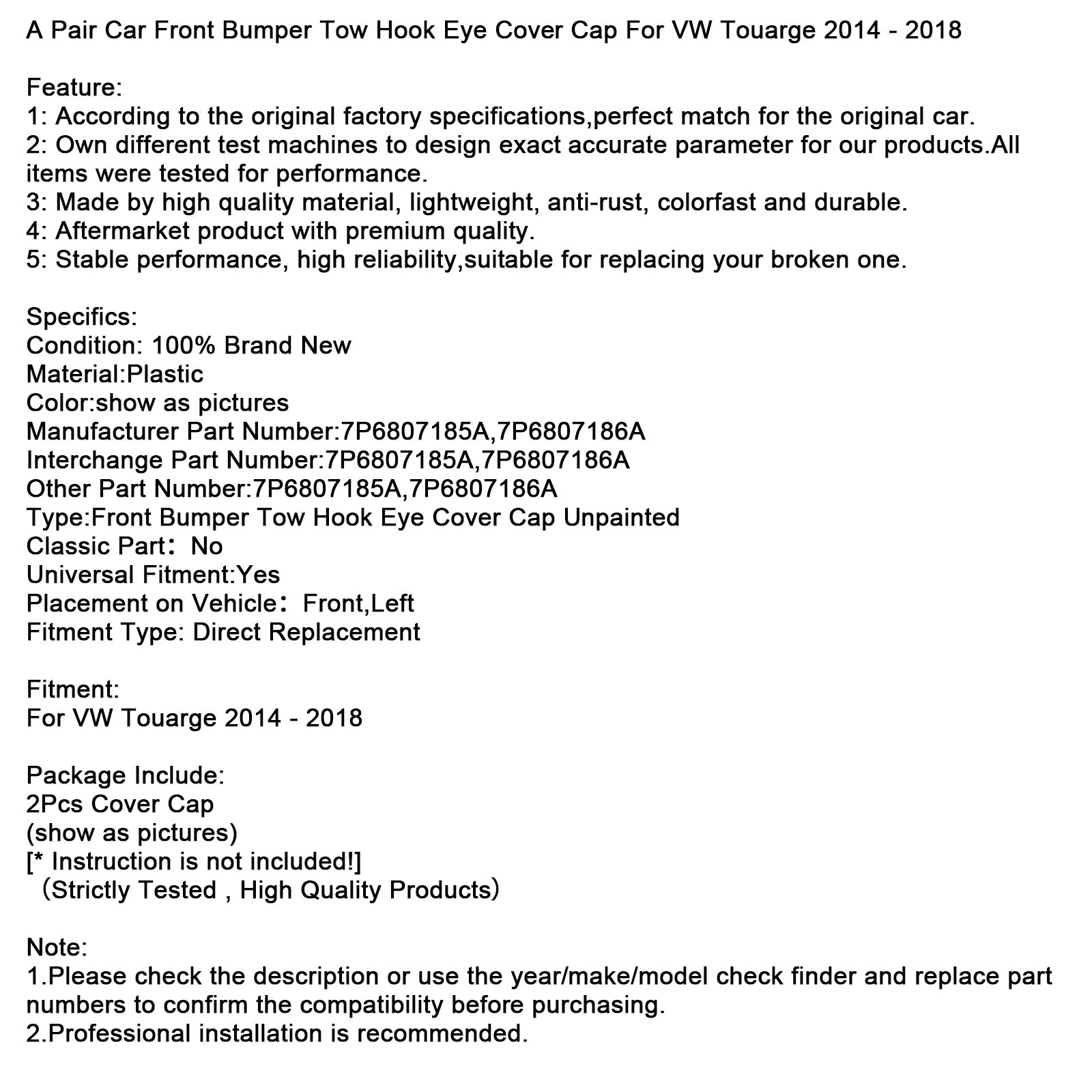 Par pokrovov za ušesce za vlečno kljuko sprednjega odbijača avtomobila za VW Touarge 2014-2018