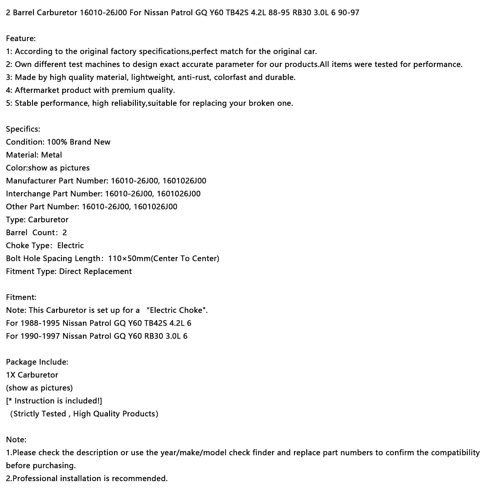 6-sylinterinen kaasuttimen 16010-26J00 Nissan Patrol GQ Y60 TB42S 4,2 L 1988-1995