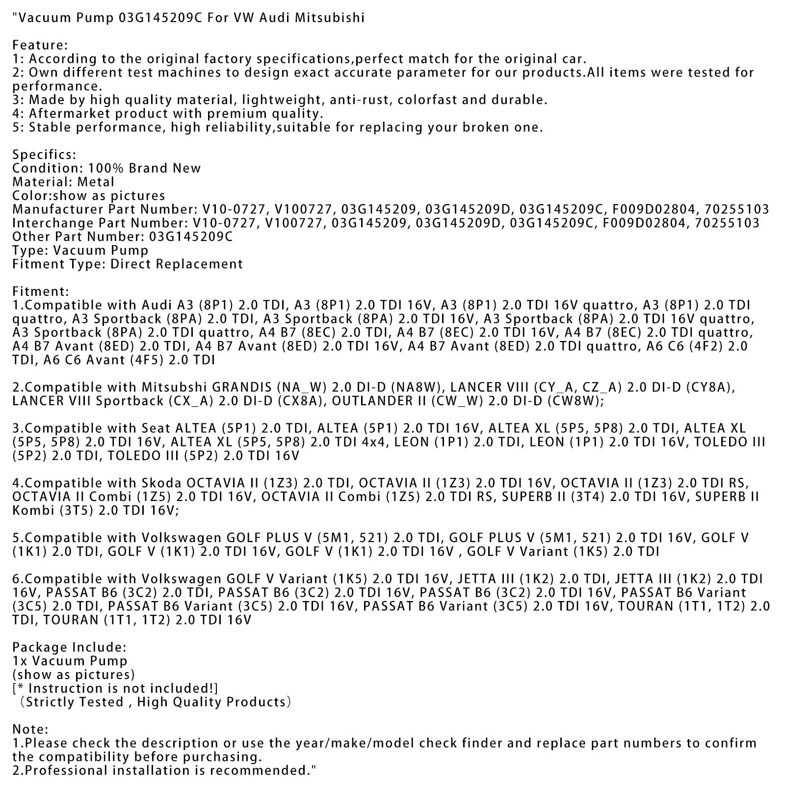 Bomba de vacío 03G145209C - Reemplazo directo para motores 2.0 TDI y DI-D