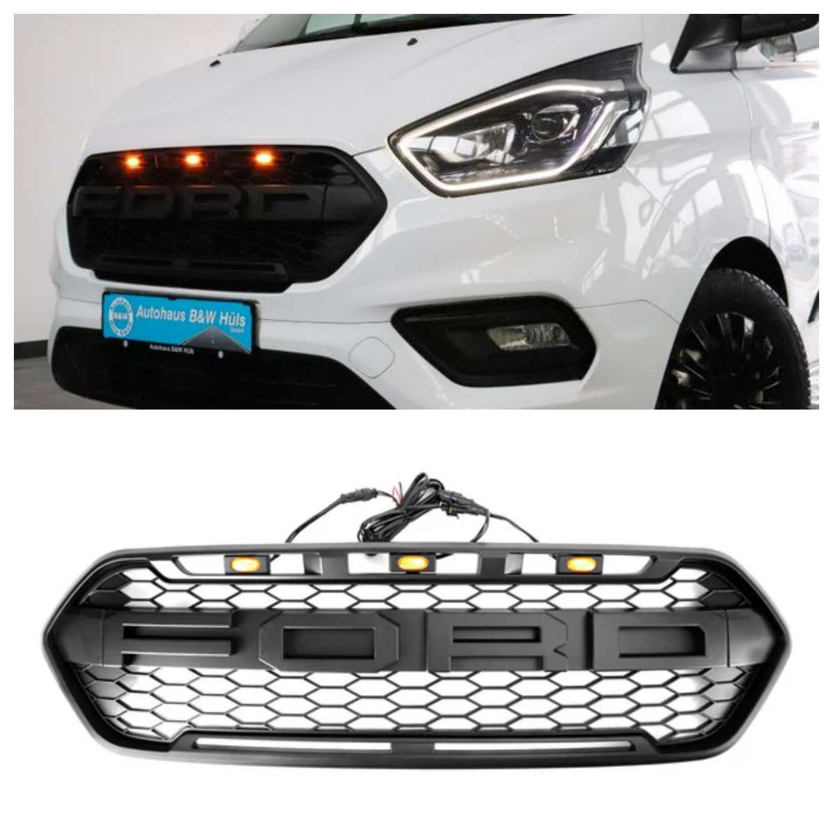 Grille de pare-chocs avant noire mate de style Ford Transit Custom Raptor 2018-2023 avec 3 LED