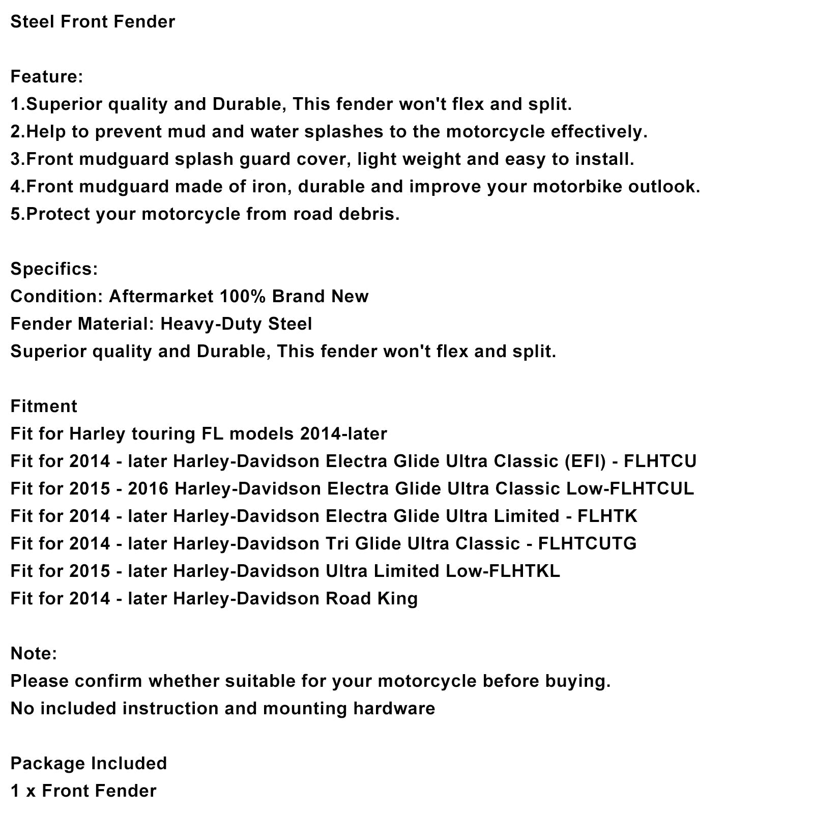 Garde-boue avant en acier Touring Electra Glide Ultra Limited 2014-2024
