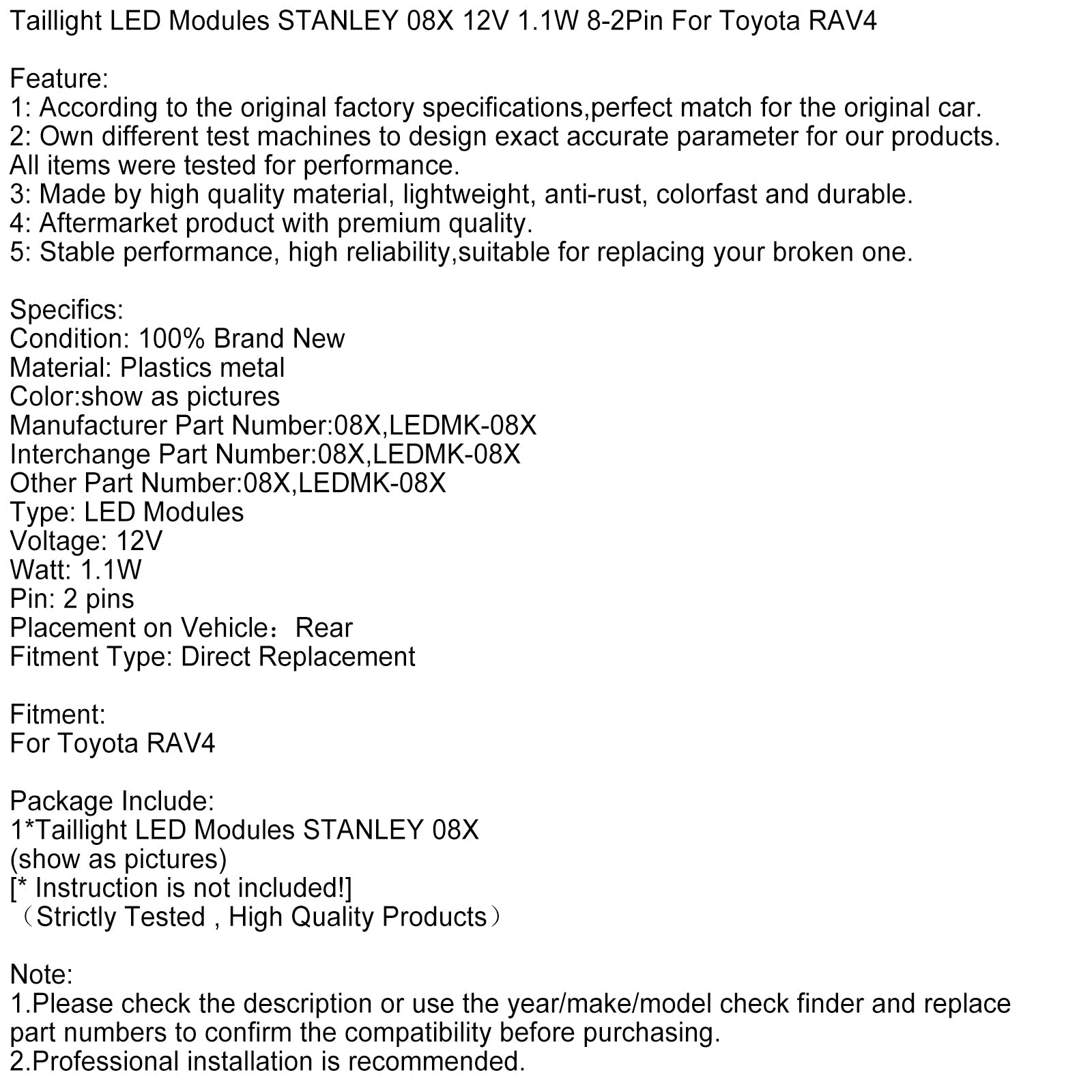 Modules de feux arrière LED STANLEY 08X 12 V 1,1 W 8-2 broches pour Toyota RAV4