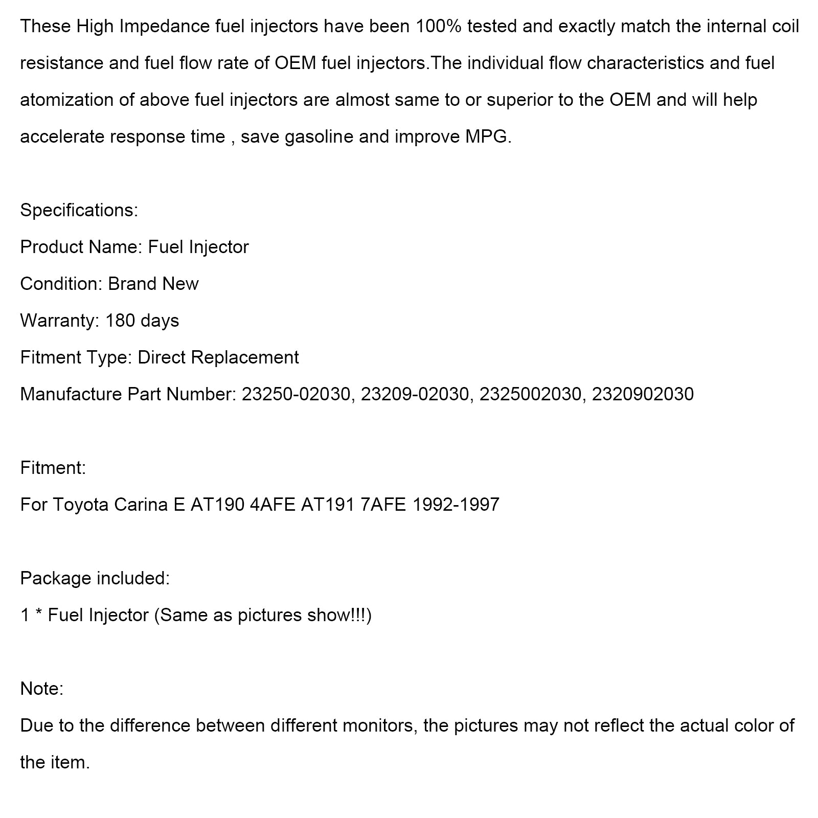 1 Uds inyector de combustible 23250-02030 para Toyota Carina 1992-1997 23209-02030