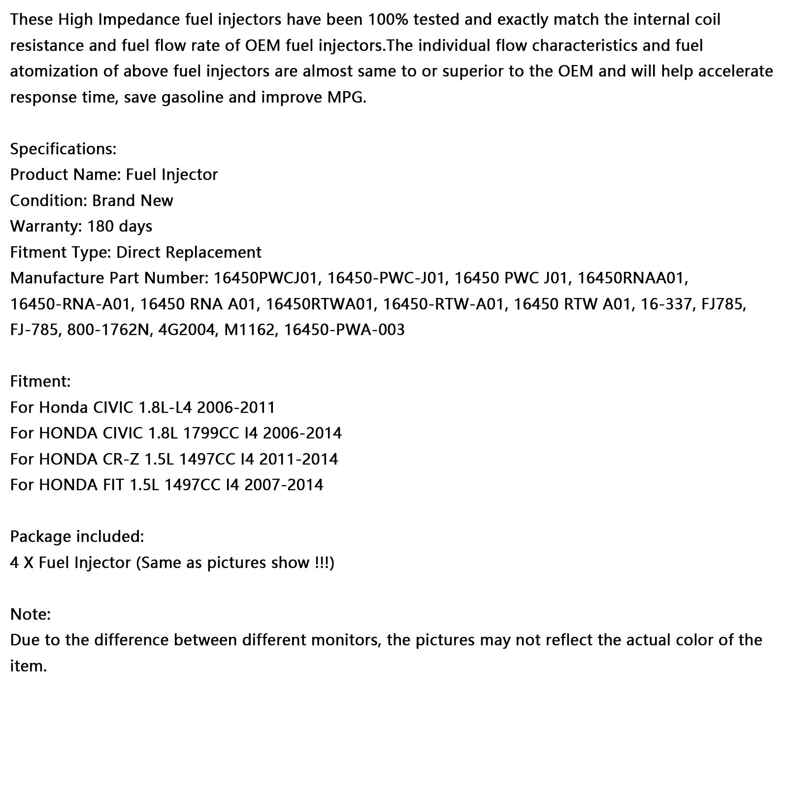 Inyector de combustible de 4 piezas 16450-PWC-J01 para Honda Civic 1.8L 2006-2014 MP4274