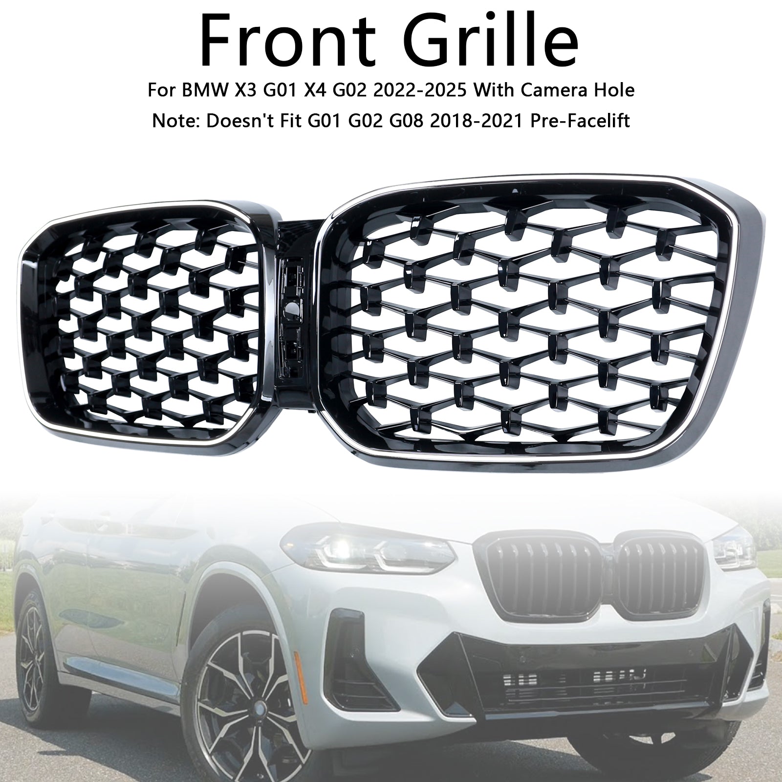 Grille de pare-chocs avant noire brillante diamantée pour BMW X3 G01 X4 G02 2022-2025