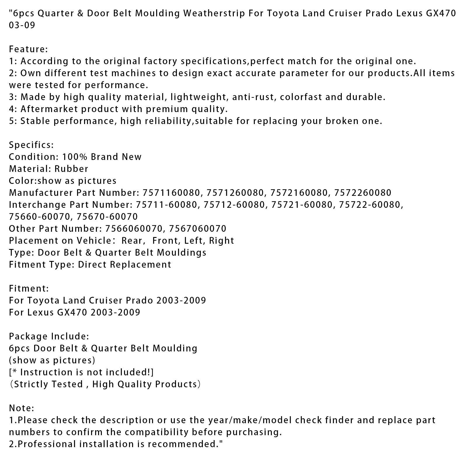 2003-2009 Toyota Lexus GX470 6 pezzi di porta e modanature a cinture personalizzate