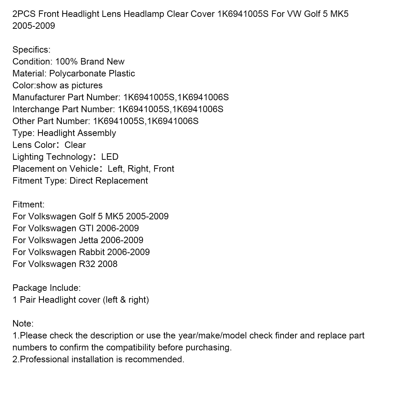 Coperchio trasparente per il faro di coniglio Volkswagen 2006-2009, 2 camere, 1K6941005S