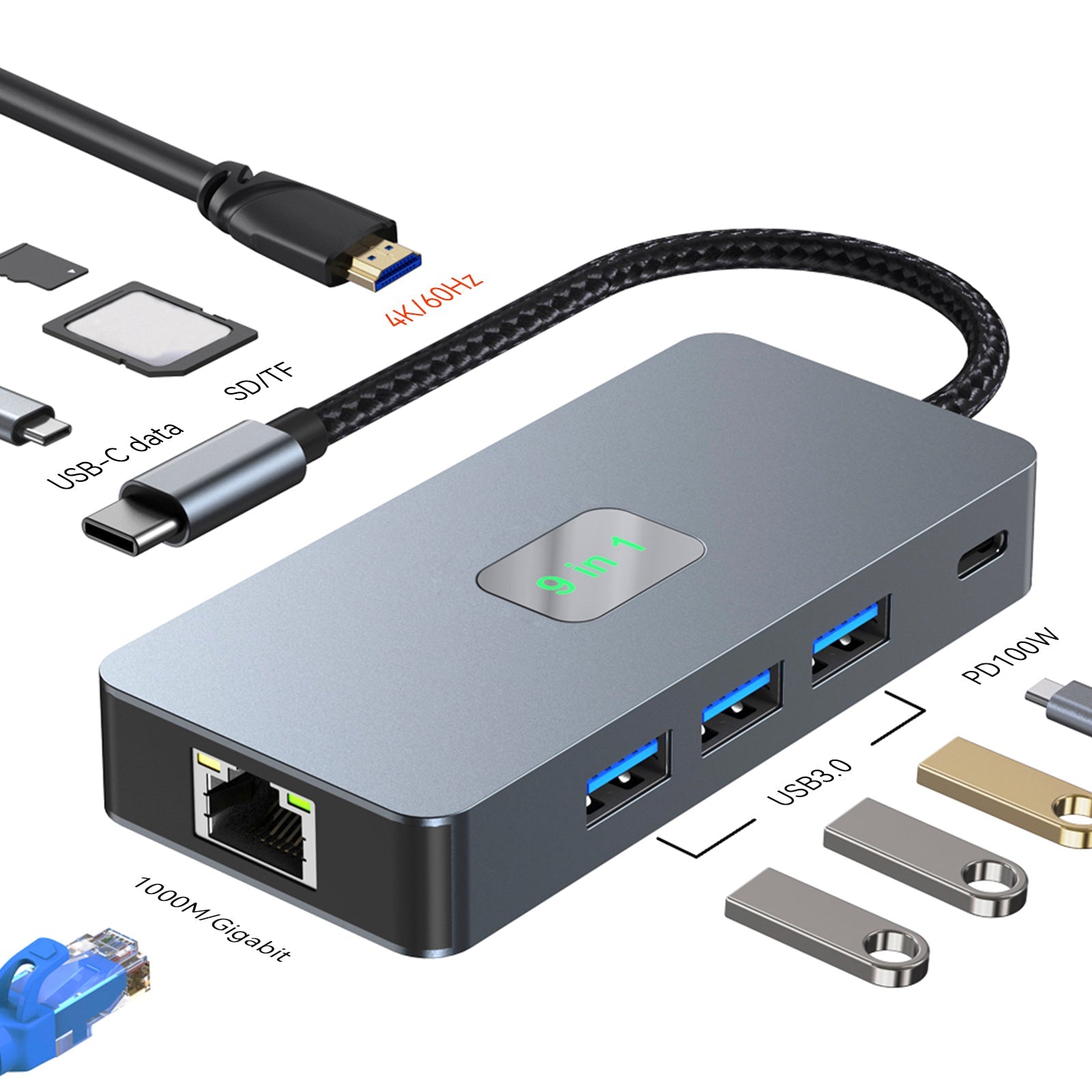 Adaptateur 9 en 1 TYPE-C vers RJ45 (Gigabit) + USB 3.0*3 + HDMI + USB-C Data + PD100W + SD/TF iPad Pro