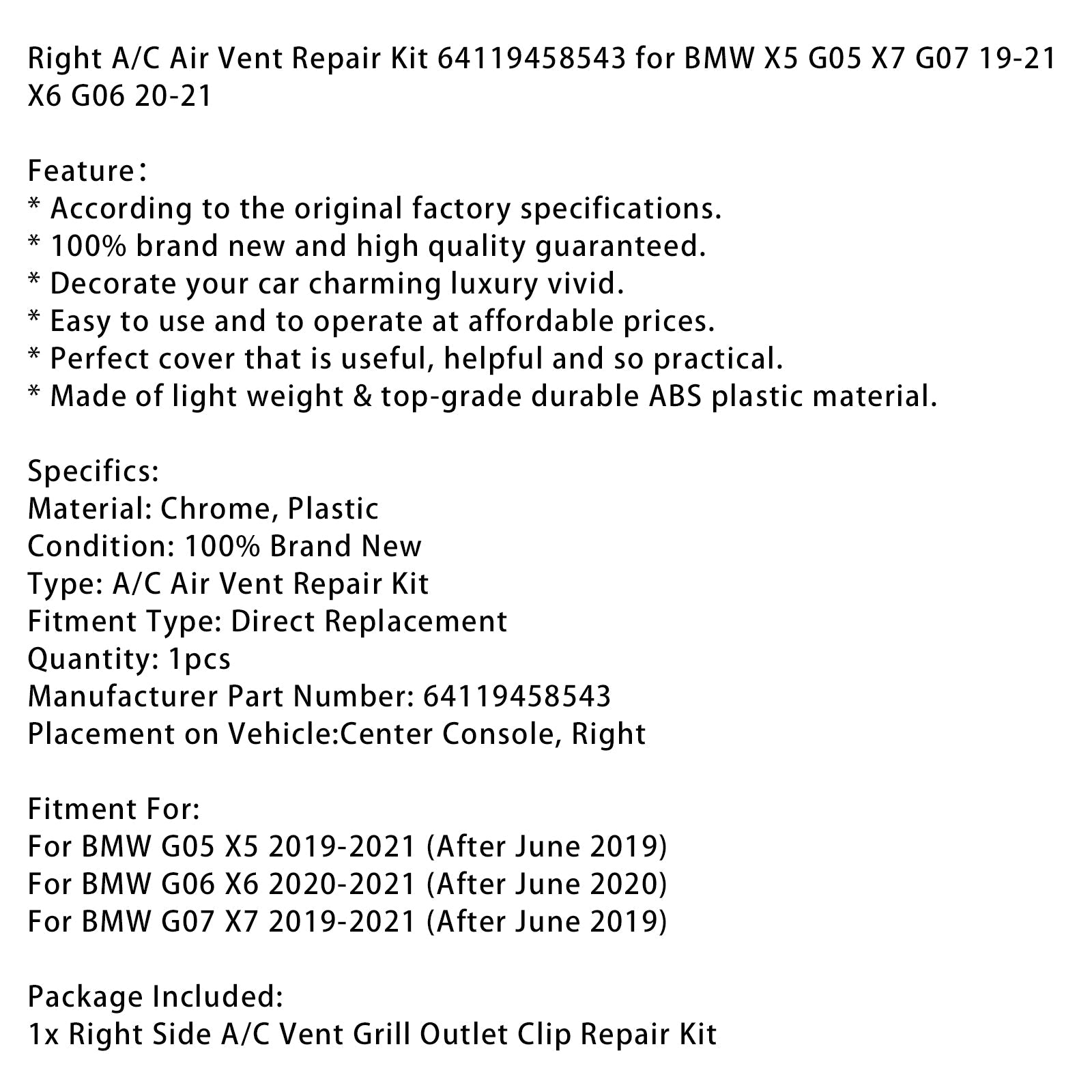Oikean ilmastointilaitteen tuuletusaukon korjaussarja 64119458543 BMW X5 G05 X7 G07 19-21 X6 G06 20-21