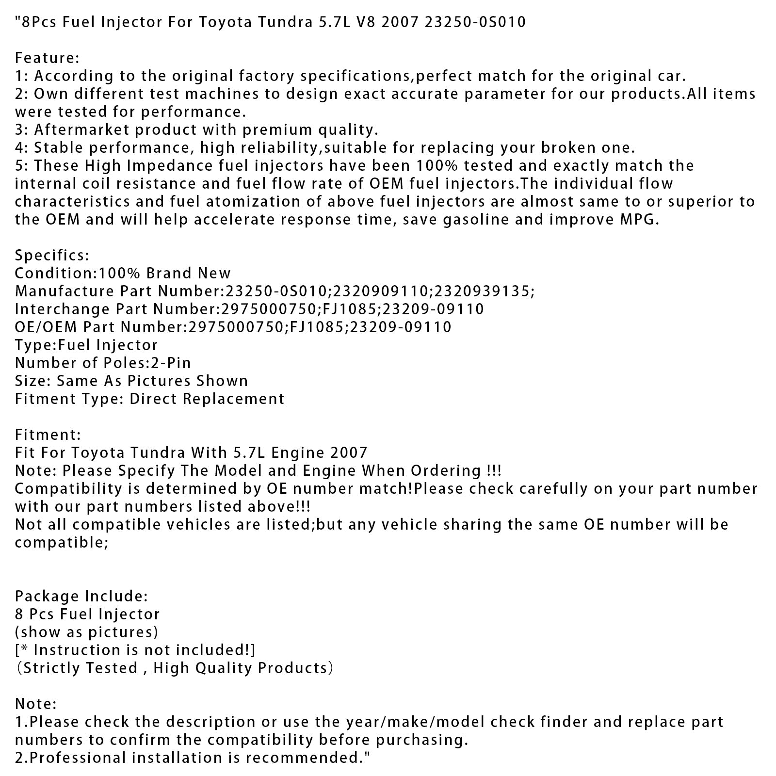 Iniettori di carburante (8 pezzi) per Toyota Tundra 5.7L V8 (2007) - Numero di parte 23250-0S010