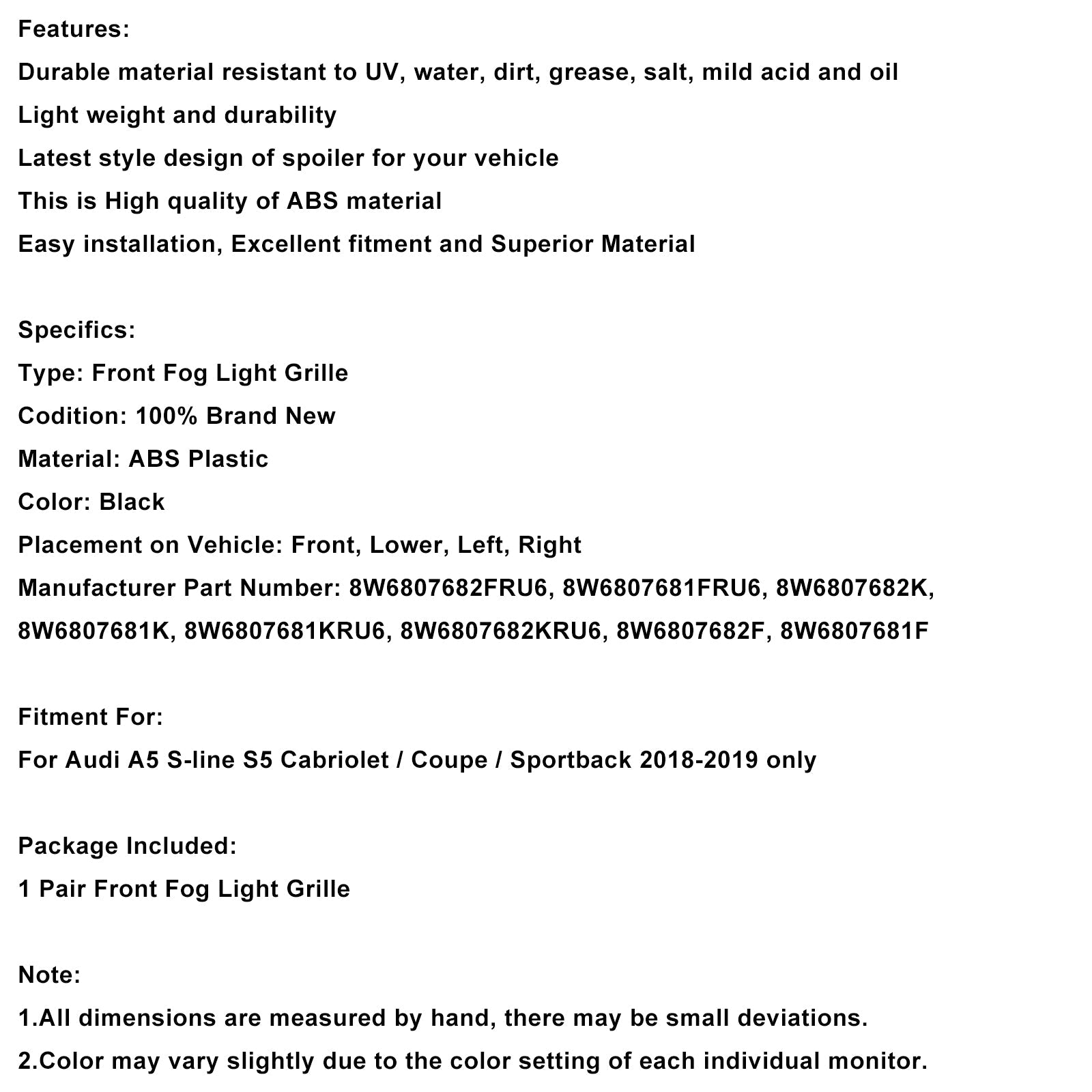 Grille de protection antibrouillard pour pare-chocs avant Audi A5 S-Line S5 2018-2019, 2 pièces