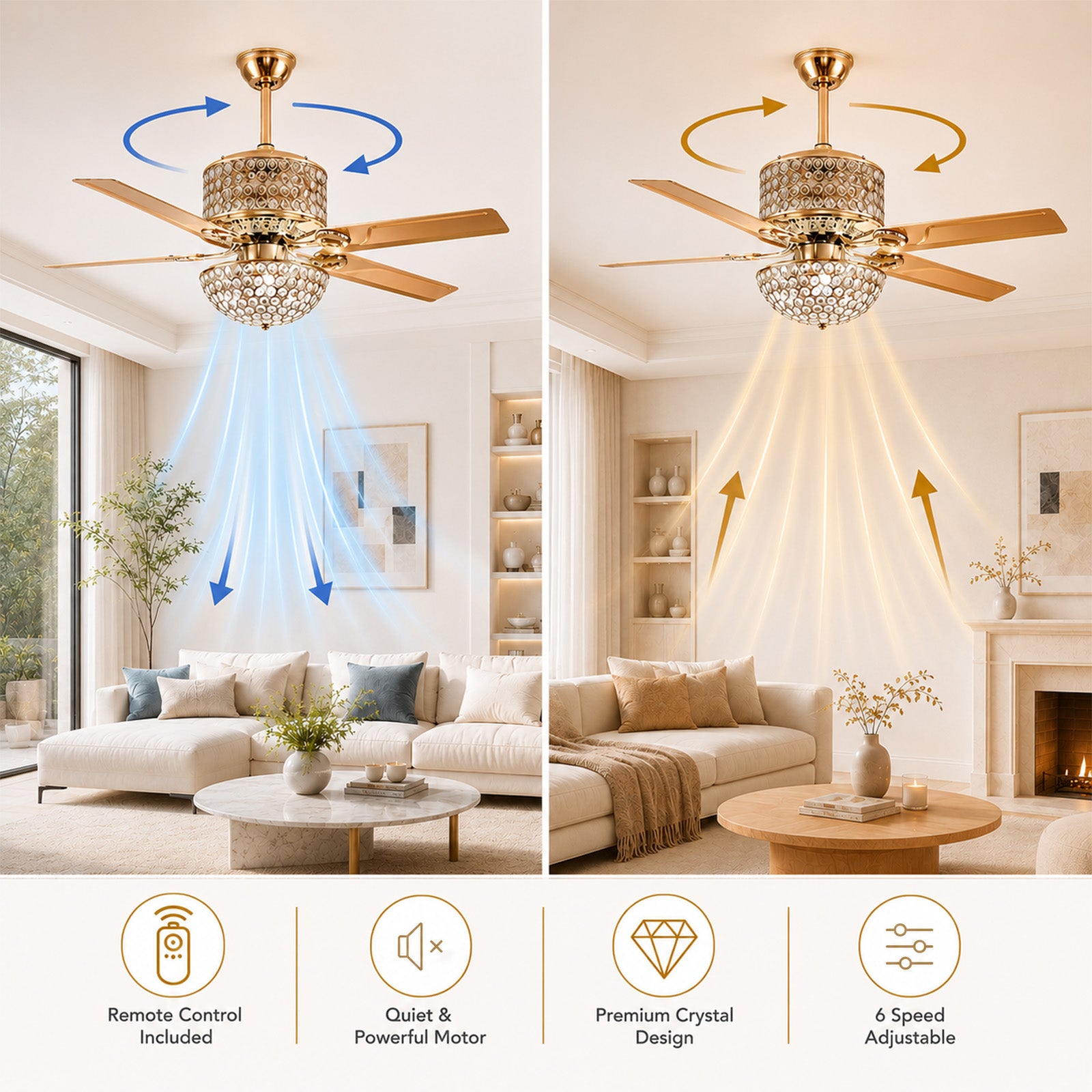 Ventilateur de Plafond Doré avec Lustre en Cristal 52" – Éclairage LED, Télécommande, 5 Pales, 6 Vitesses