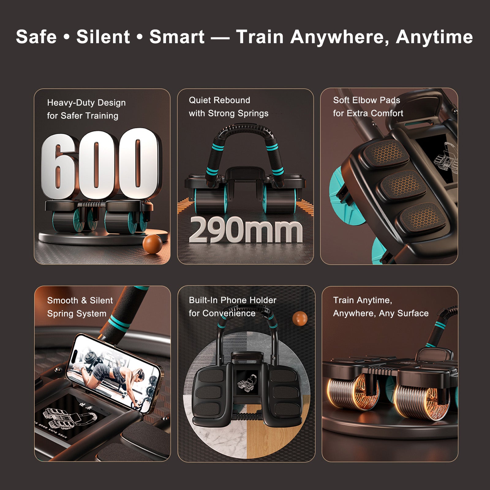 Équipement de Gym Domestique Portable - Roue Abdominale à Rebond Automatique Bleue avec Support de Coude et Stabilité à 4 Roues - Inclut une Minuterie - Entraîneur de Gainage Parfait pour Hommes et Femmes