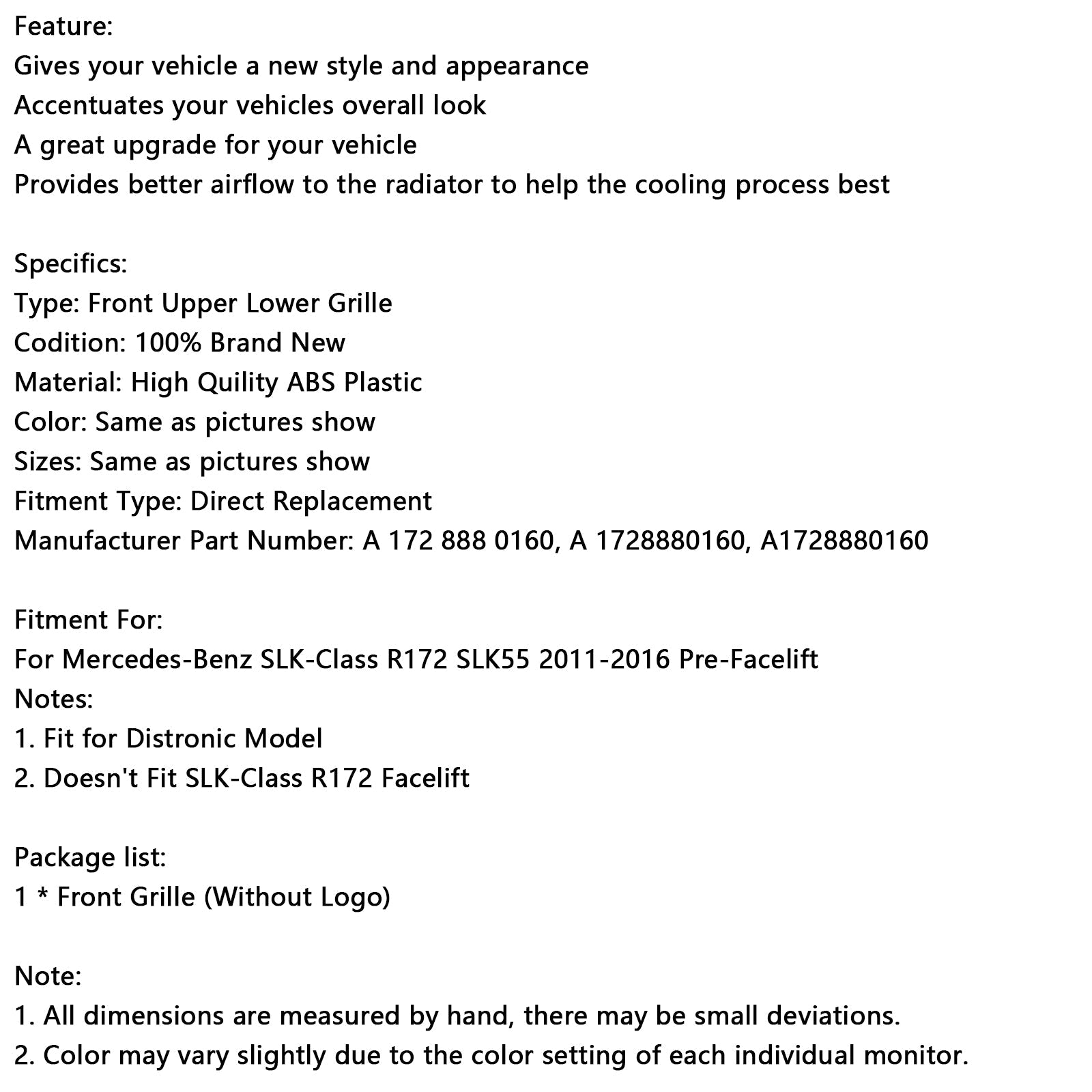 Calandre avant supérieure et inférieure chromée pour Mercedes-Benz Classe SLK R172 SLK55 pré-remodelée 2011-2016