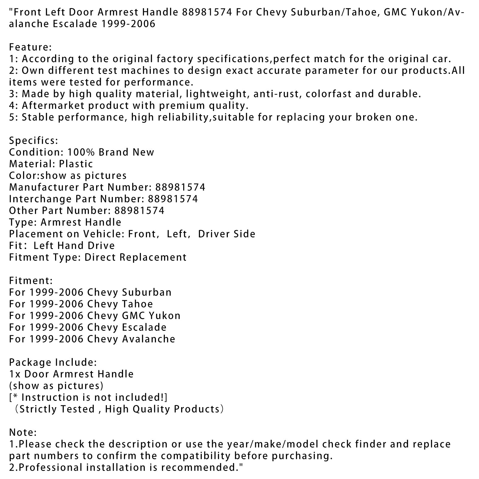 Vasen etuoven käsinojan kahva Chevy Avalanche 1999-2006 88981574