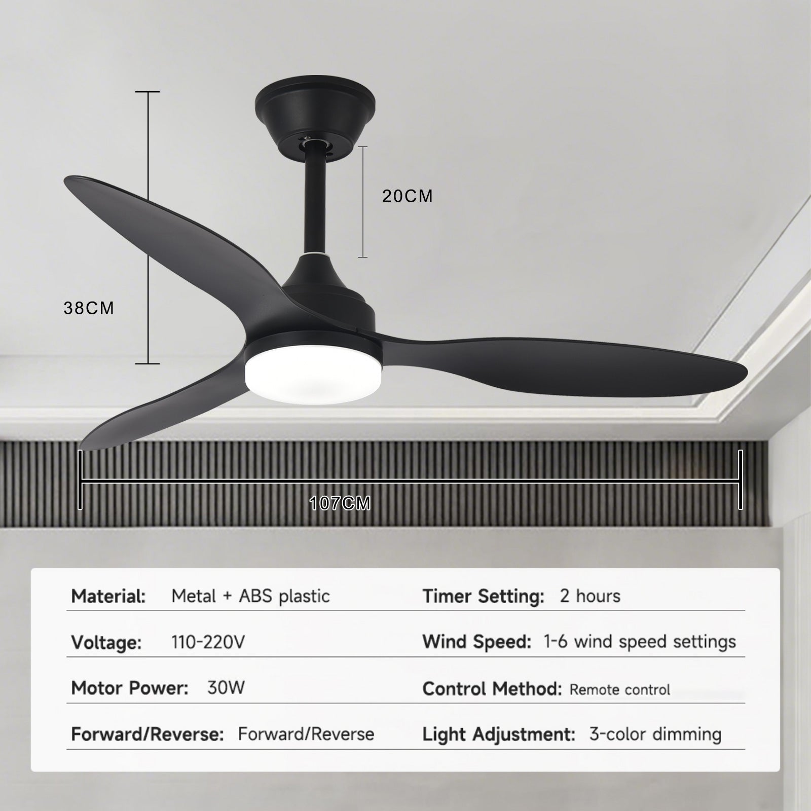 Télécommande Noir moteur DC silencieux Ventilateur 42" avec lumière
