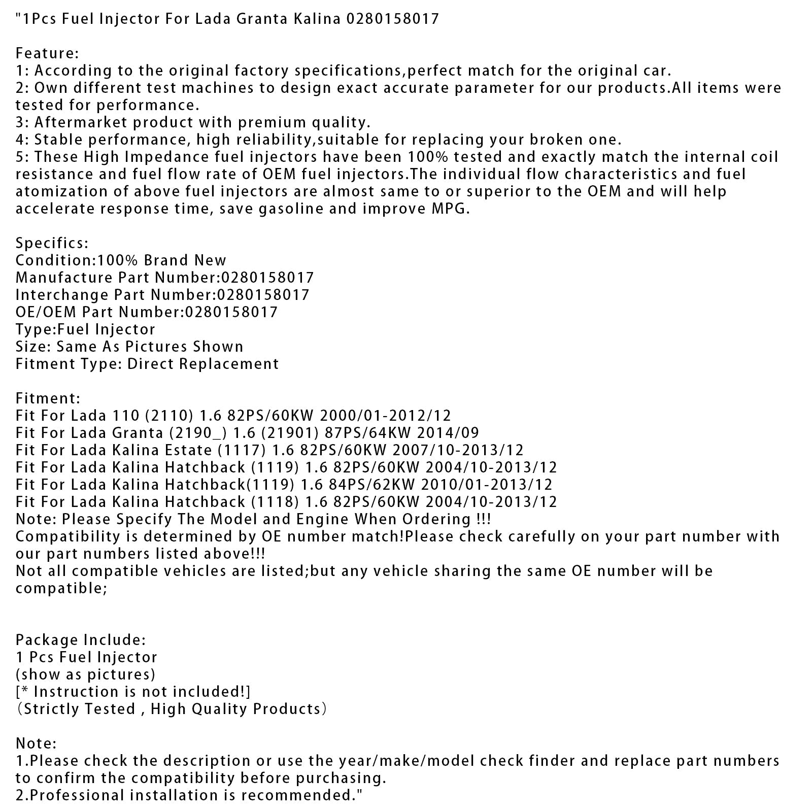 1x inyector de combustible para Lada Granta Kalina 0280158017