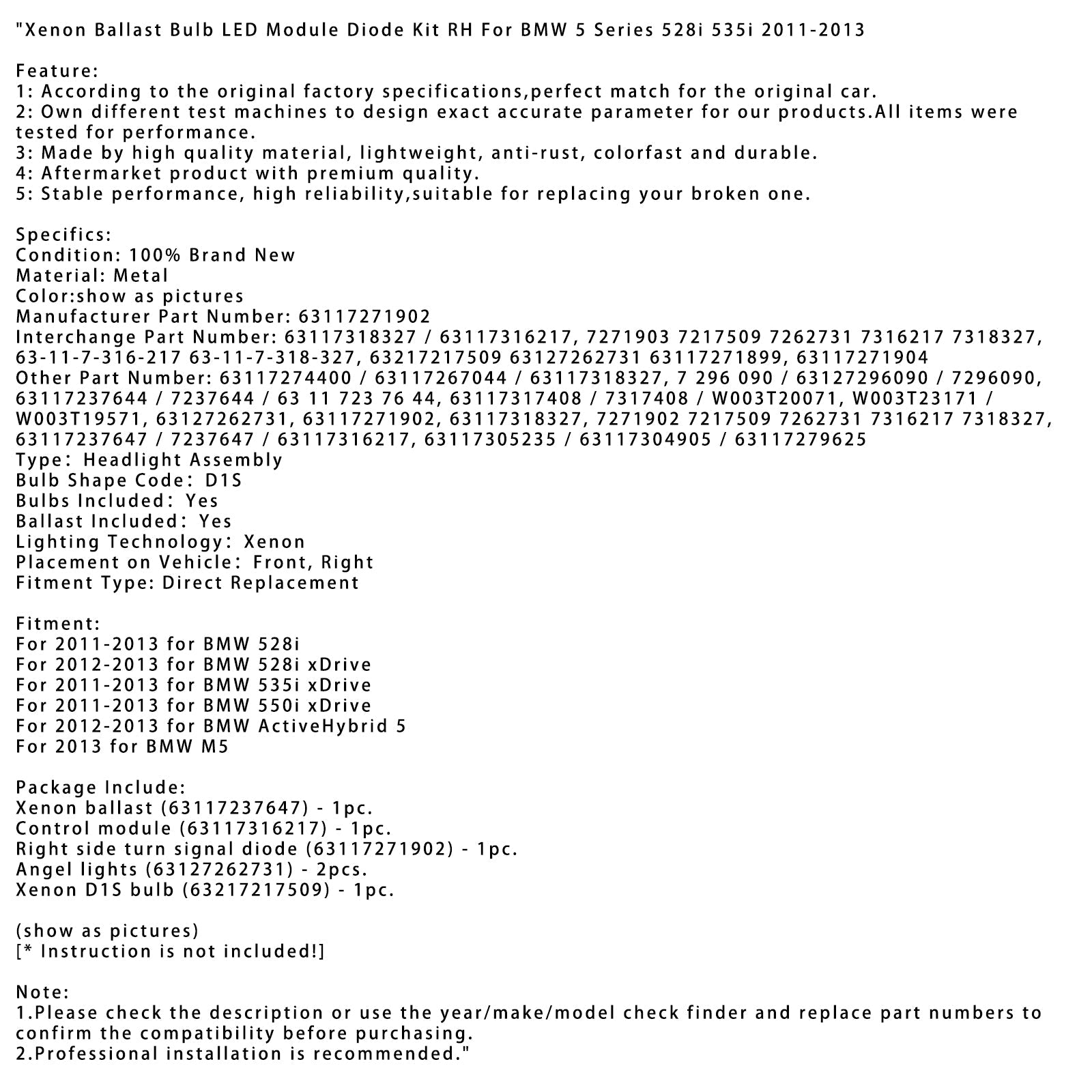 RH ksenonowa żarówka balastowa LED moduł diodowy zestaw do BMW serii 5 528i 535i 2011-2013