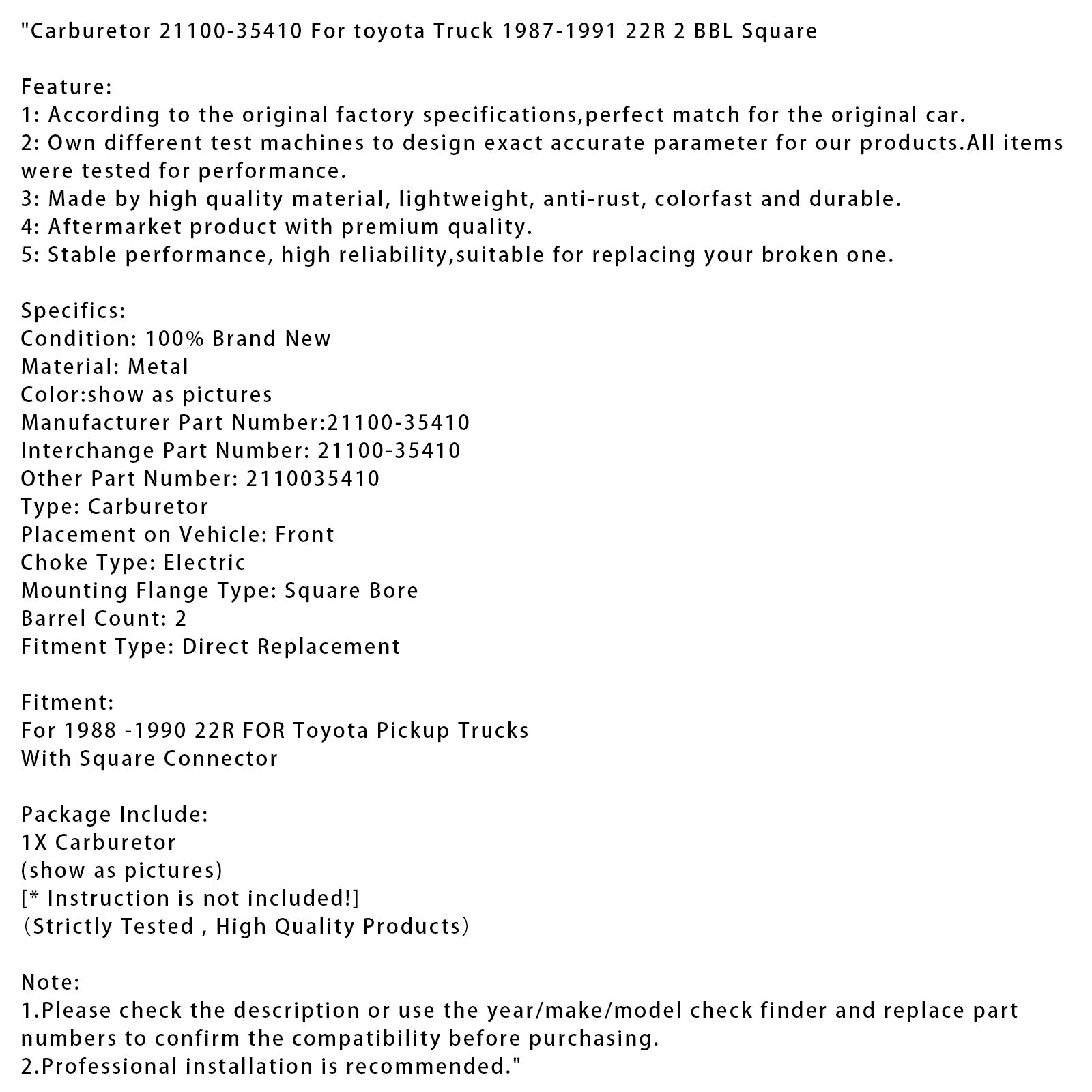 22R 2 BBL Square Carburetor dla Toyota Truck 1987-1991 21100-35410