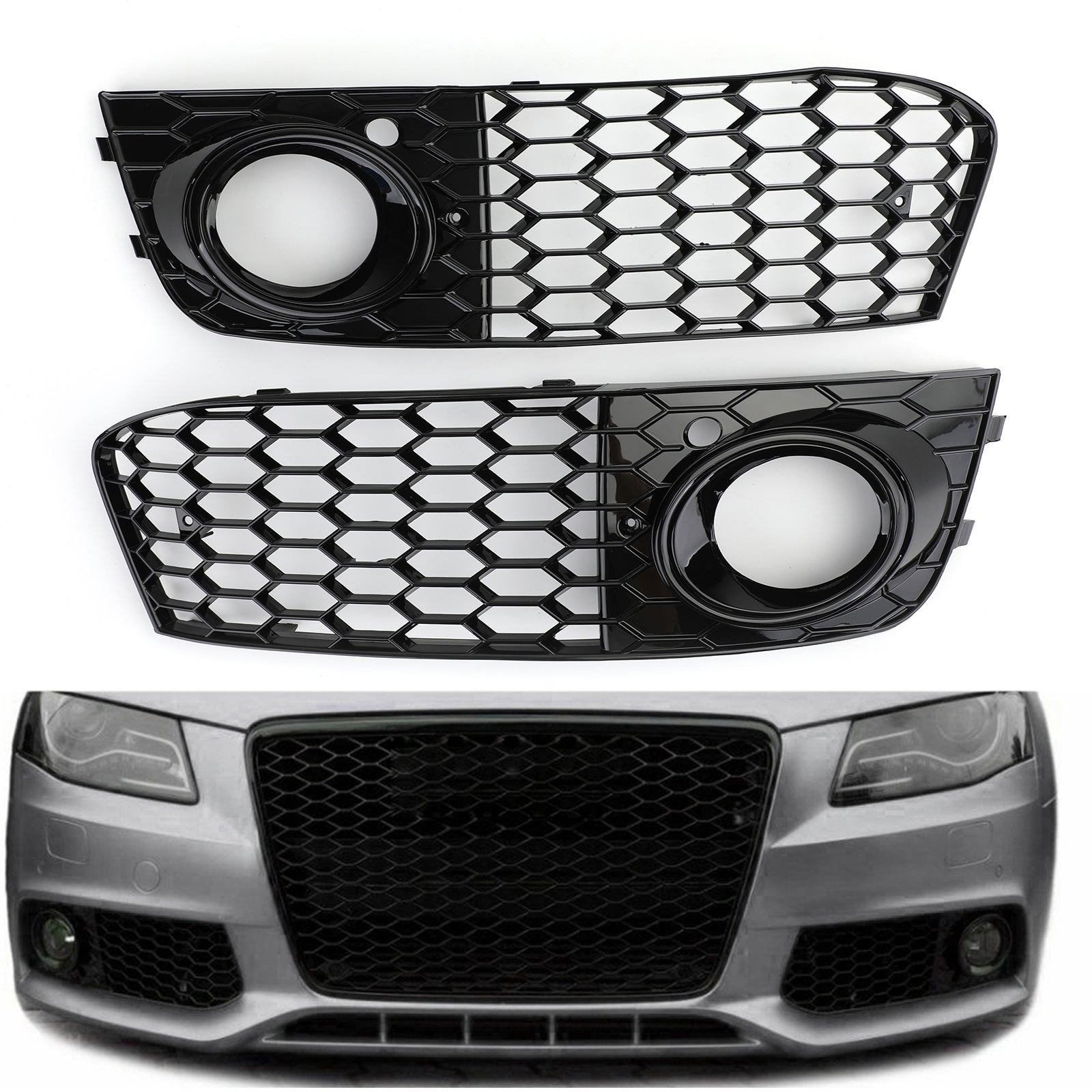 Zeshoekig rooster in Audi A4 / A4 Style Style Nest B8 RS4 2008-2012 Briljant zwart rooster en mist lichtrooster