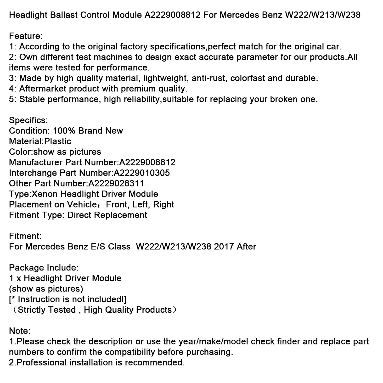 Module de commande de ballast de phare Mercedes-Benz W222/W213/W238 (à partir de 2017) A2229008812