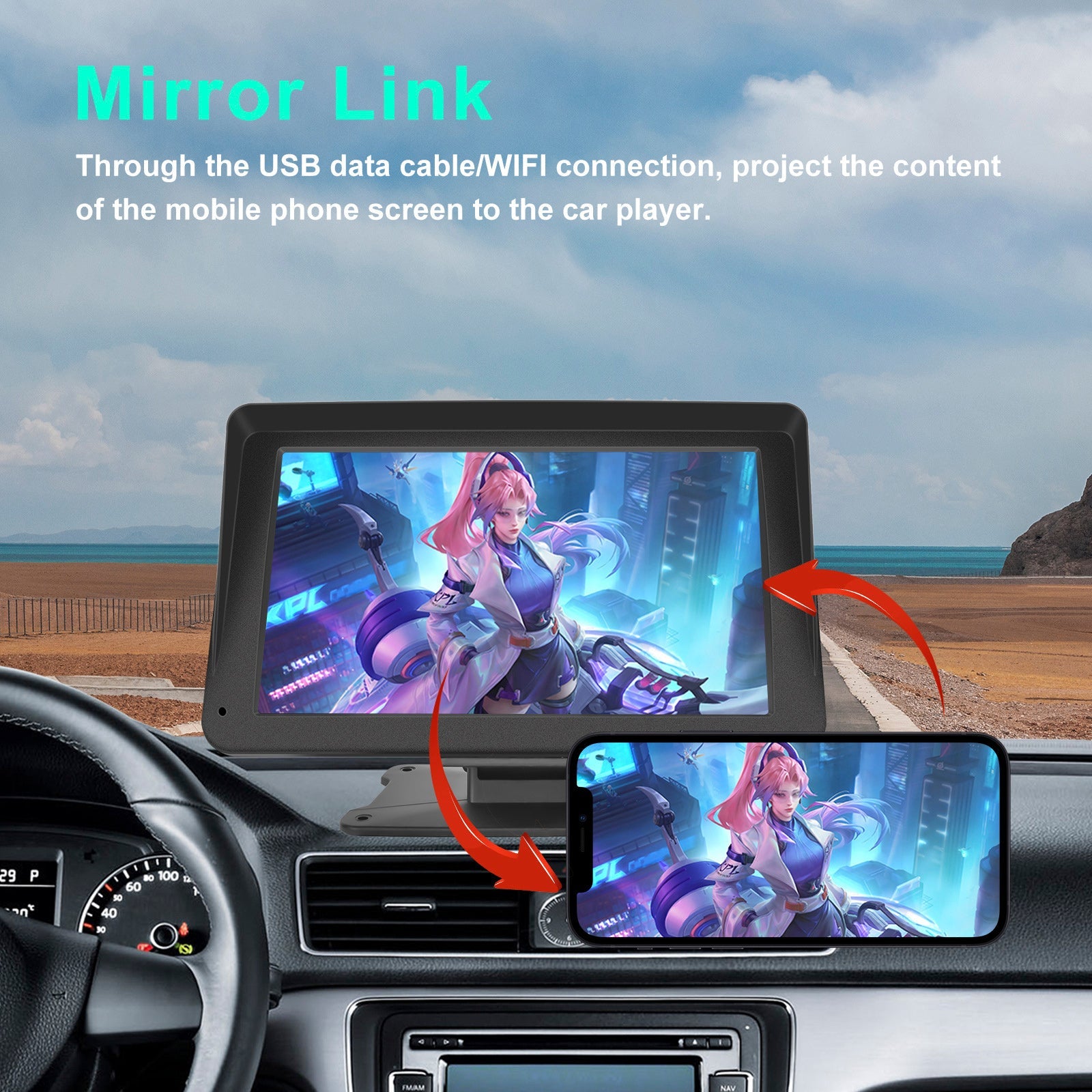 Lecteur multifonctions 7 pouces compatible CarPlay, Apple AirPlay et Android Auto avec caméra de projection