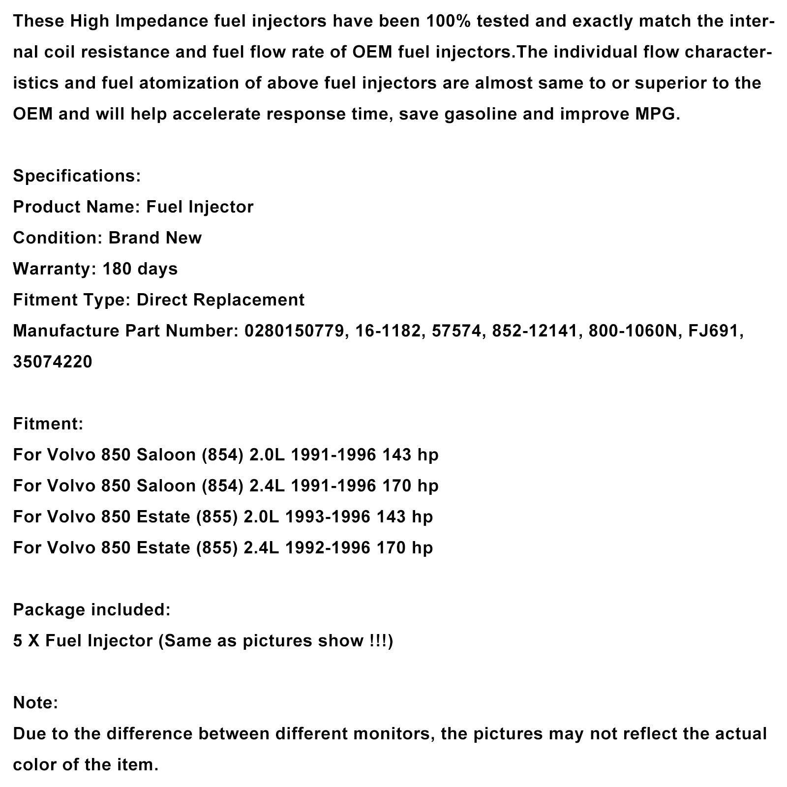 Injektor za gorivo 5 kosov 0280150779 za Volvo 850 2.4L 2,0L I5 1991-1997 852-12141