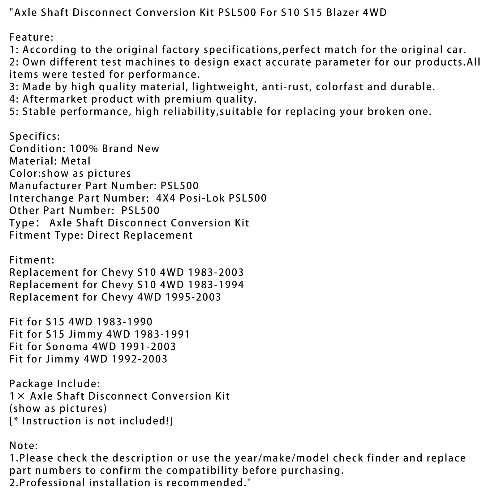 Kit di conversione disconnessione albero assale 4WD Chevy Sonoma 1991-2003 PSL500