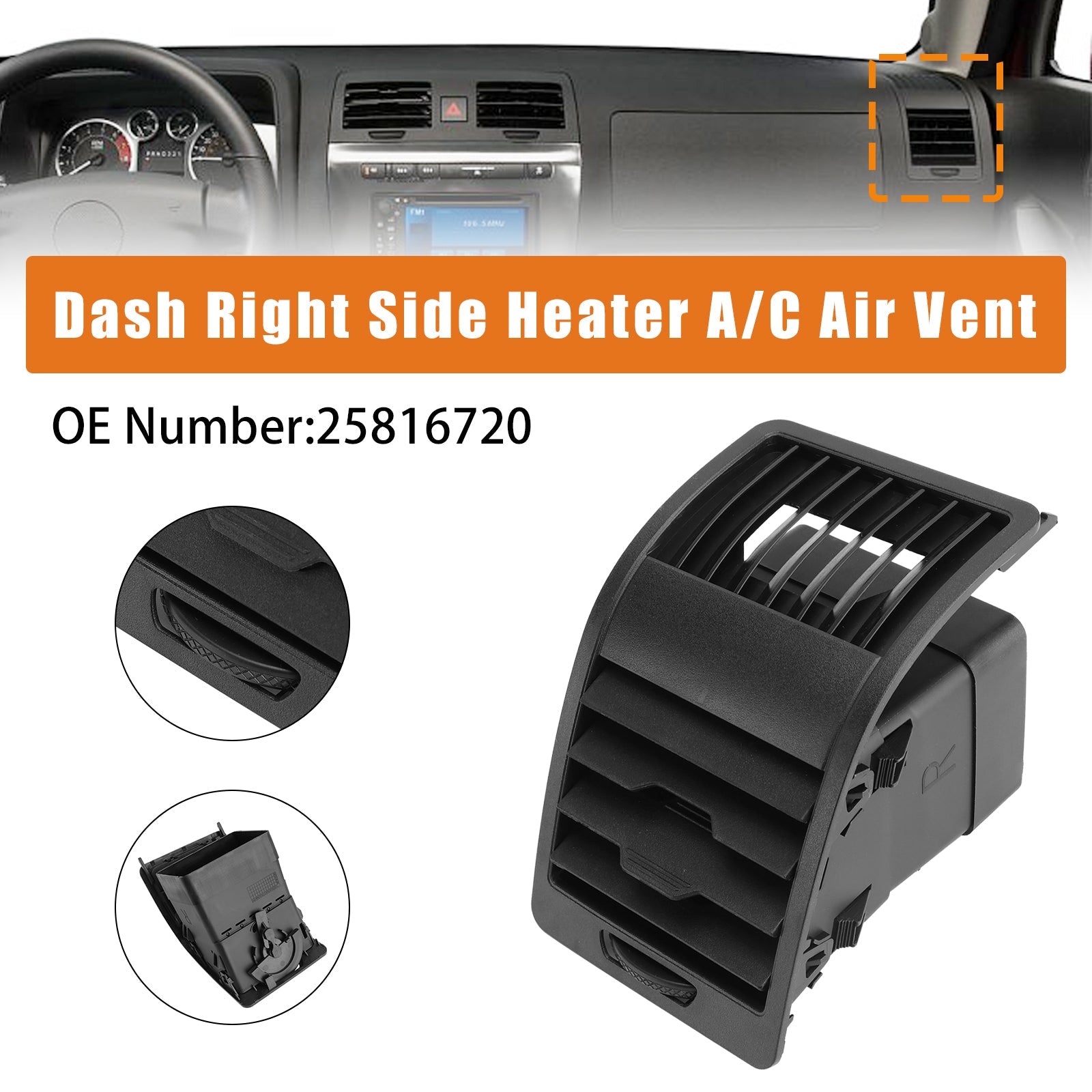 Rejilla de ventilación de aire acondicionado/calentador de tablero del lado derecho 25816720 compatible con Hummer H3 H3T 2006-2010