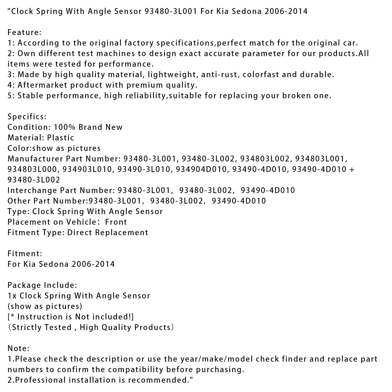 Molla di ritorno con sensore angolare per Kia Sedona 2006-2014, codice articolo 93480-3L001