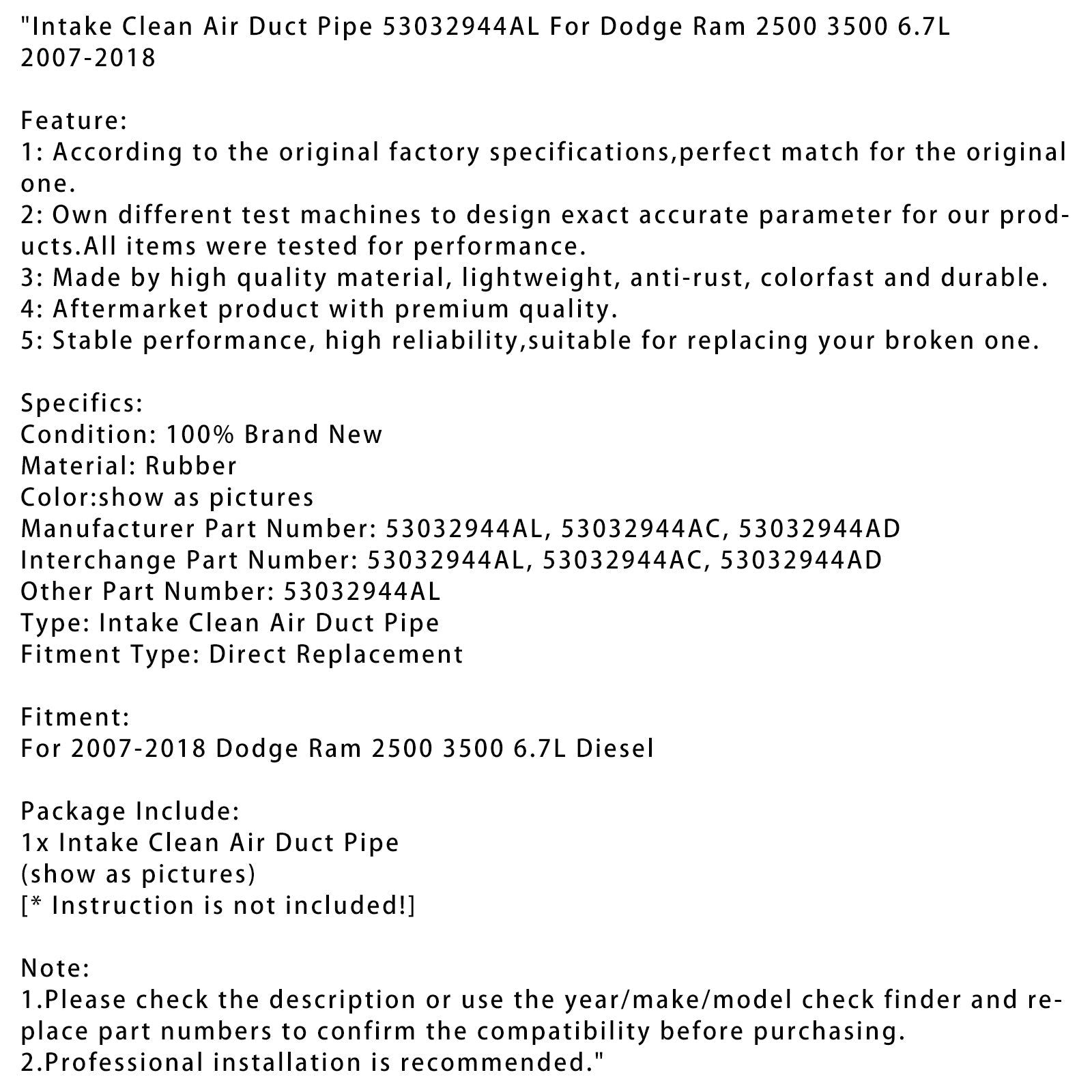 Przewód wlotowy czystego powietrza dla Dodge Ram 2500 3500 6.7L 2007-2018 53032944AL 53032944AC