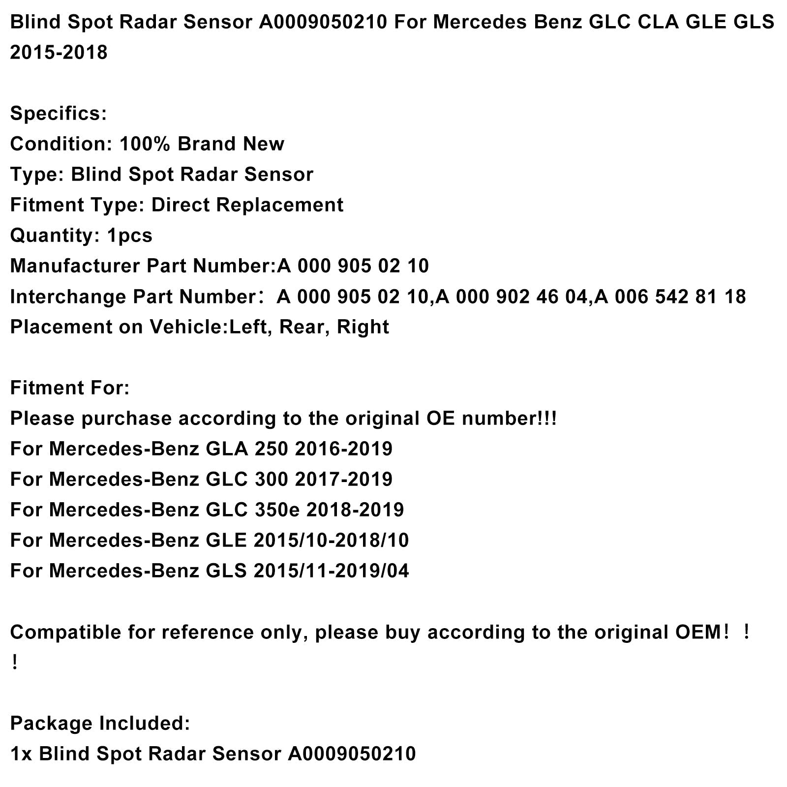 Sensor de radar d'Punto ciego A0009050210 para Mercedes-Benz GLA 250 2016-2019