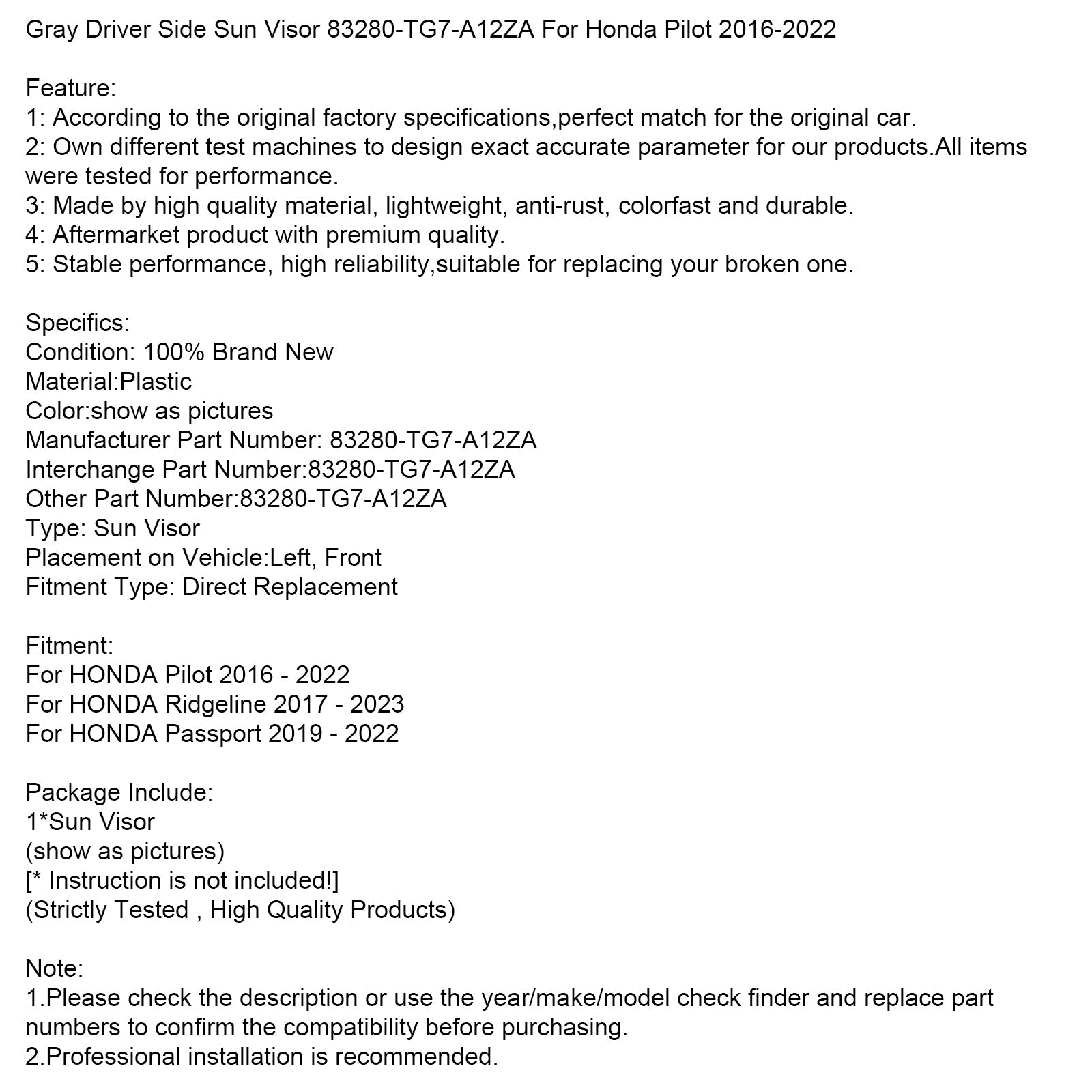 Gray Sun Vizor links aan de linkerkant 83280-TG7-A12ZA voor Honda Pilot 2016-2022