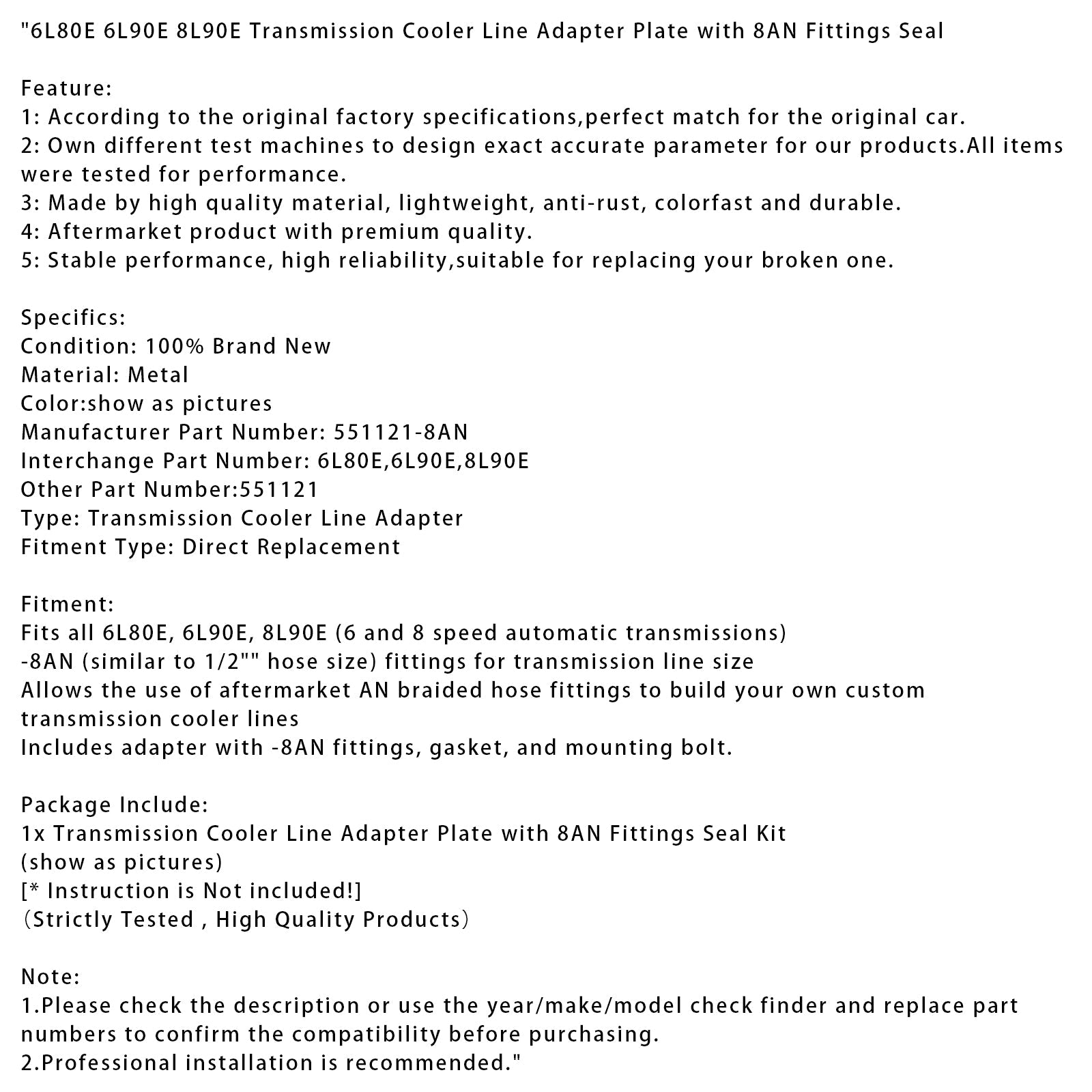 Plaque d'adaptation de conduite de refroidisseur de transmission 6L80E, 6L90E et 8L90E avec joints d'étanchéité pour raccords AN 8