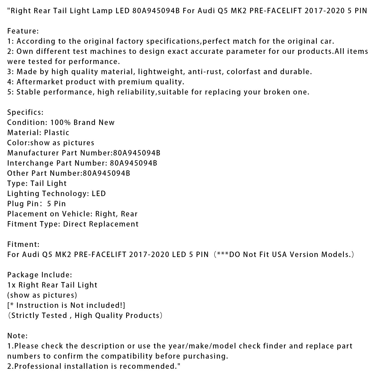 5-pinska desna LED zadnja luč 80A945094B za Audi Q5 MK2 (pred prenovo) 2017-2020