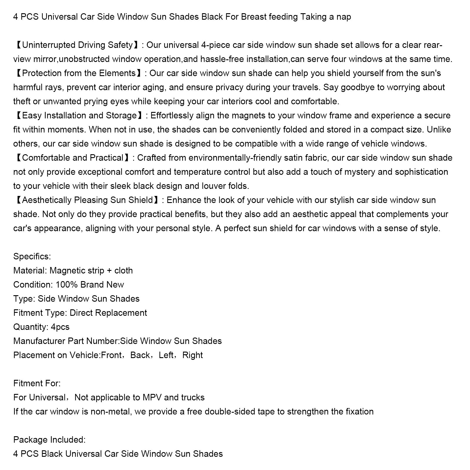 4 szt. uniwersalnych czarnych osłon przeciwsłonecznych na boczne szyby samochodowe&Karmienie piersią i drzemka