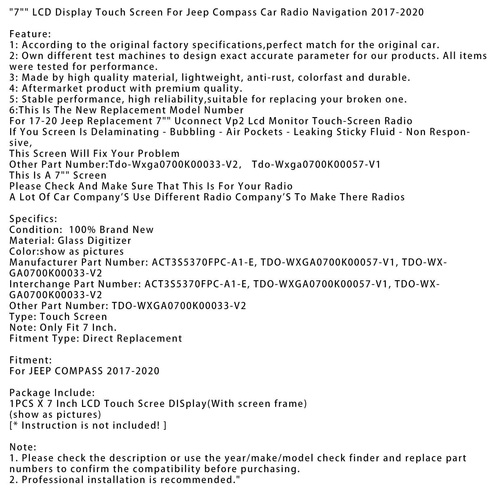 Jeep Compass 2017-2020 Avtoradio z navigacijo LCD zaslon na dotik 7"