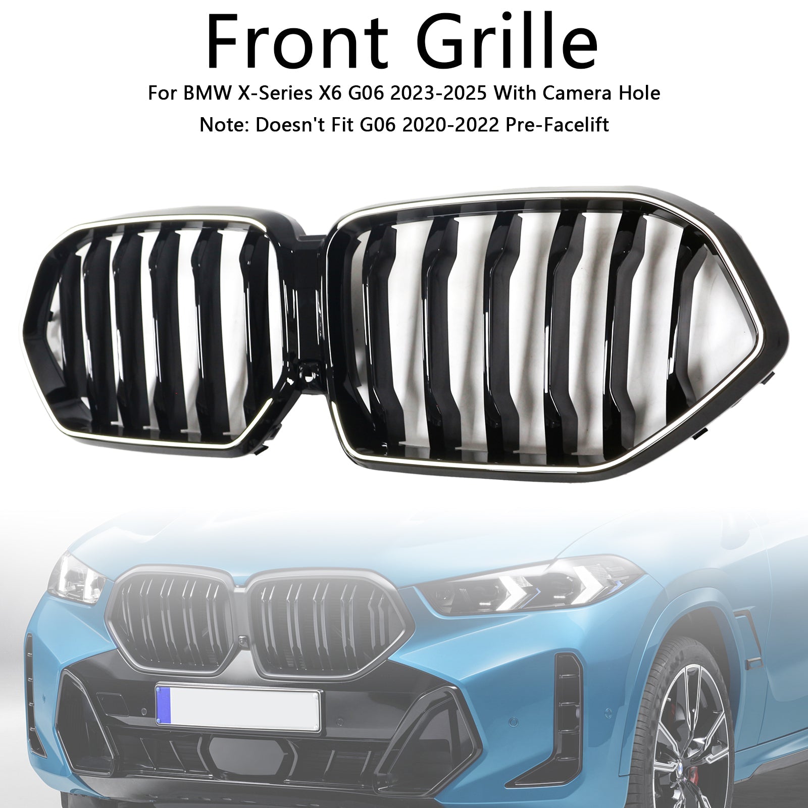 Grille de pare-chocs avant noire pour BMW X6 G06 M60i 2023-2025 avec trou pour caméra