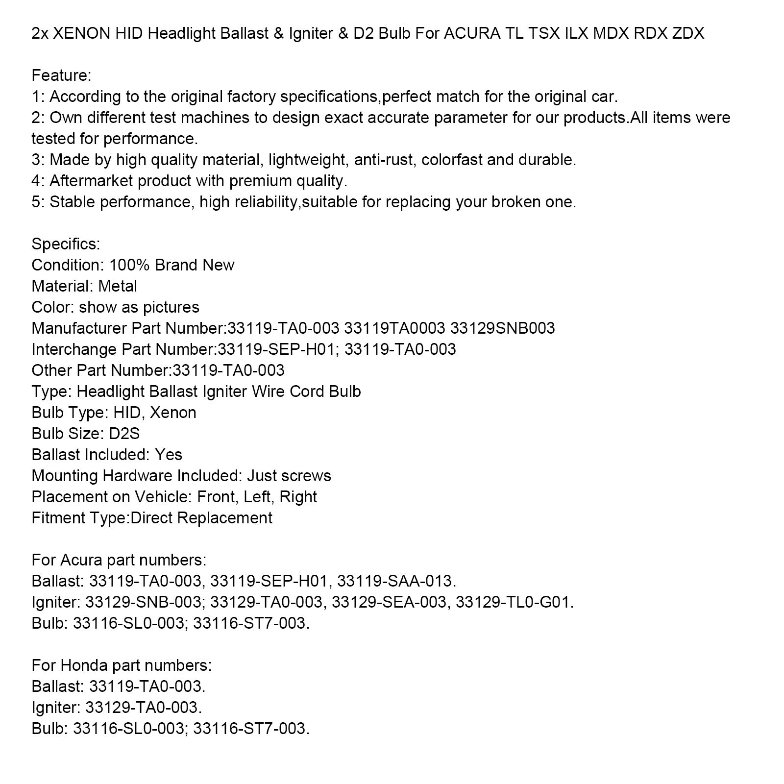 2x KSENON HID predstikalna naprava za žaromete & Vžigalnik & Žarnica D2 za ACURA TL TSX ILX MDX RDX