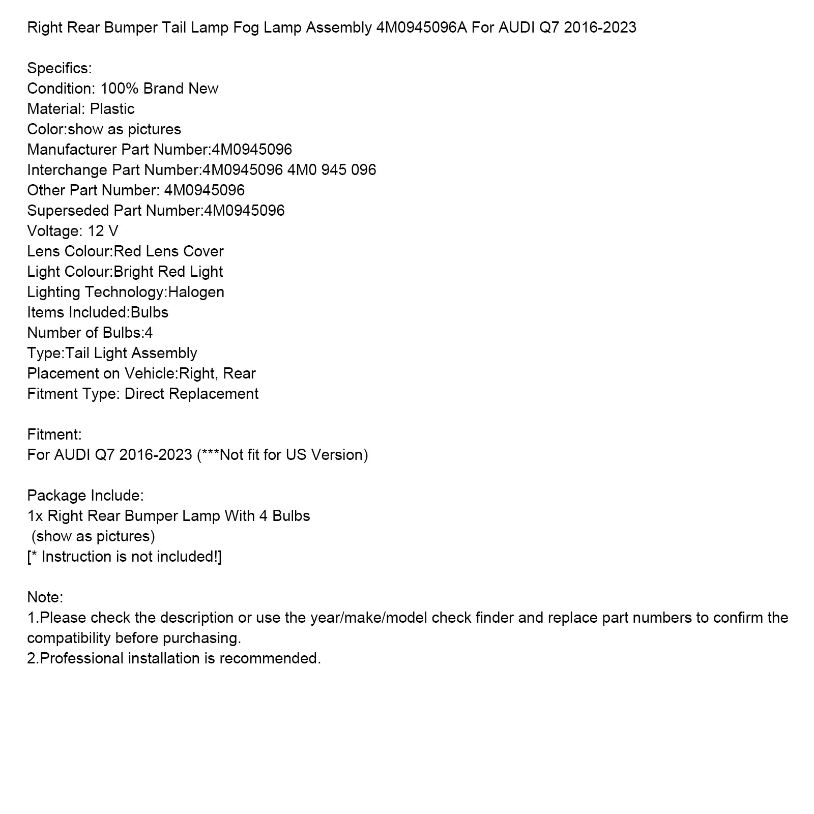 Ensemble de feux antibrouillard pour pare-chocs arrière droit, 4M0945096, pour AUDI Q7 2016 – 2023
