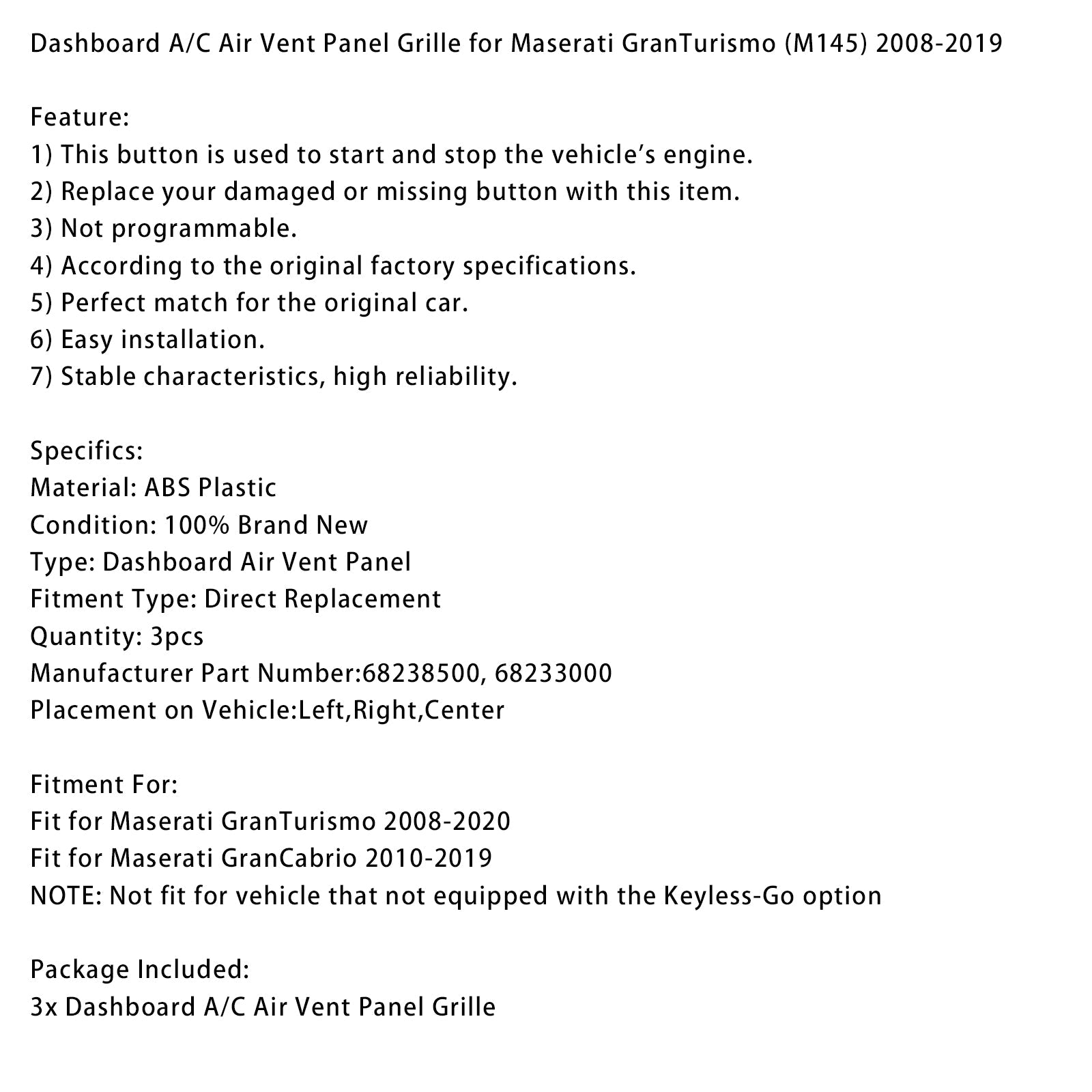 Dashboard Airconditioning Ventilatierooster voor Maserati GranTurismo (M145) 2008-2019
