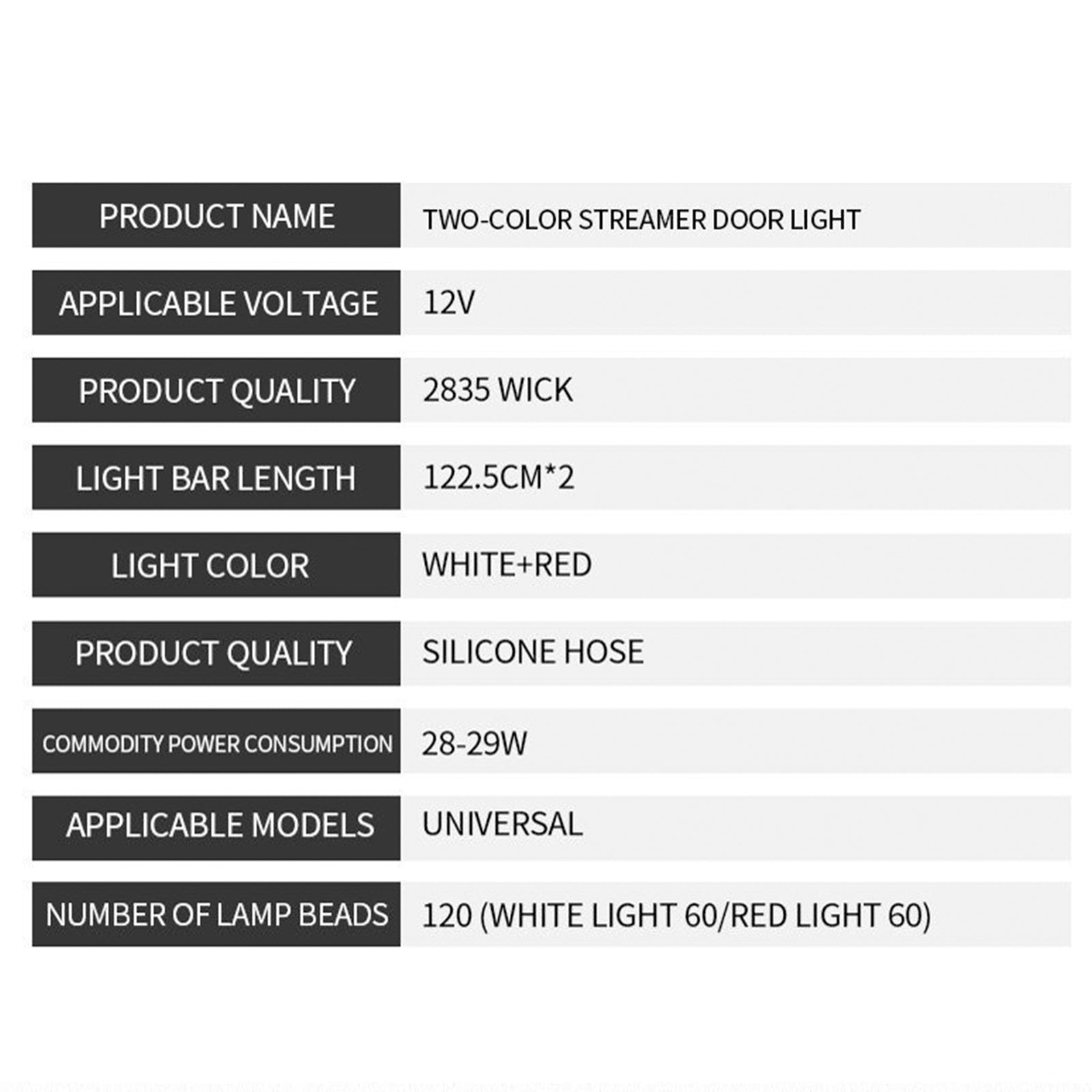 Tiras de luz decorativas para puertas de automóviles, parpadeo, rojo y blanco, 1.2 m