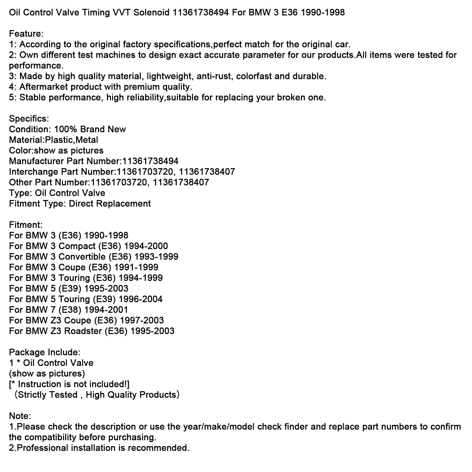 Electroválvula de distribución'Aceite VVT 11361738494 para BMW 3 E36 1990-1998
