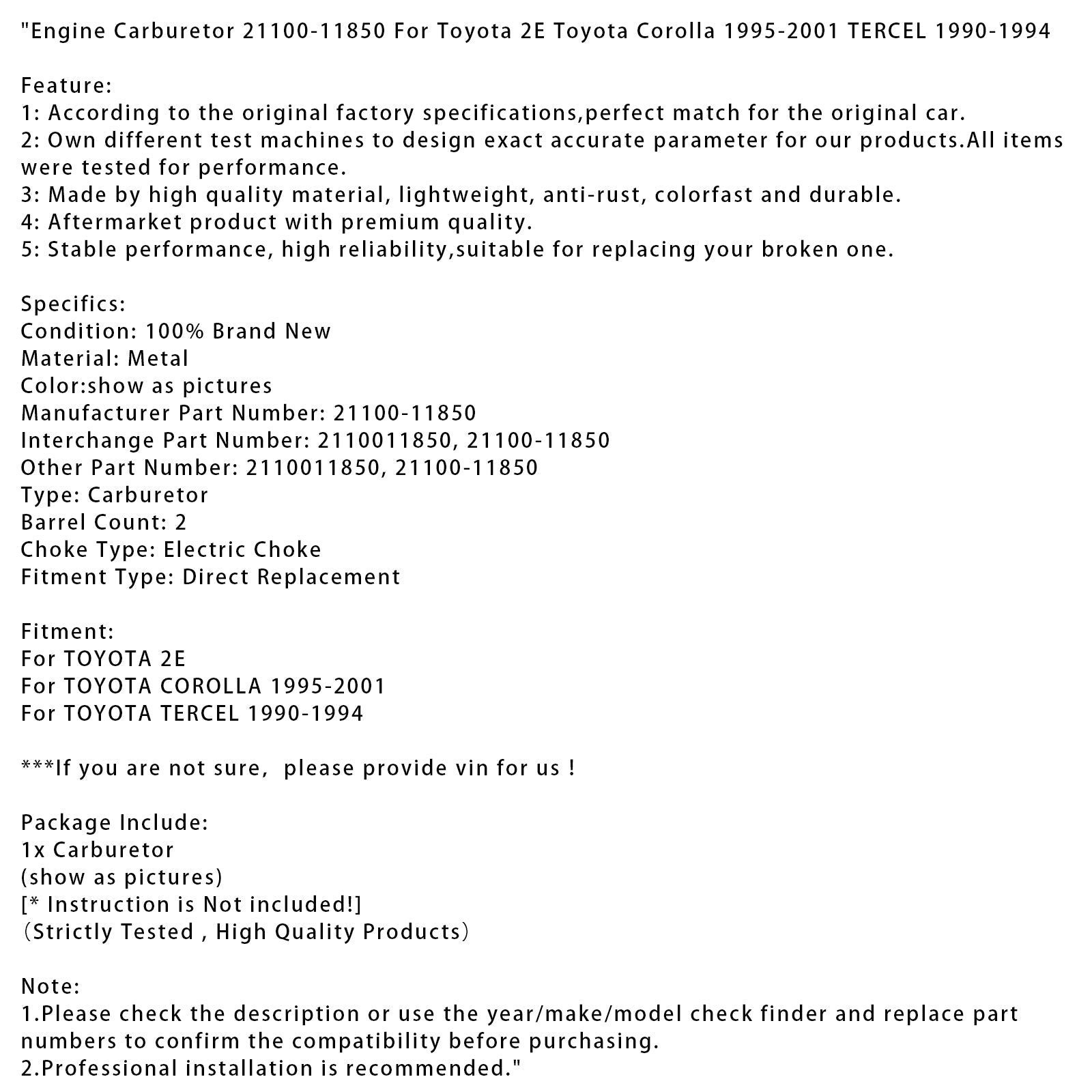 Carburatore per motore TOYOTA 2E 21100-11850 2110011850